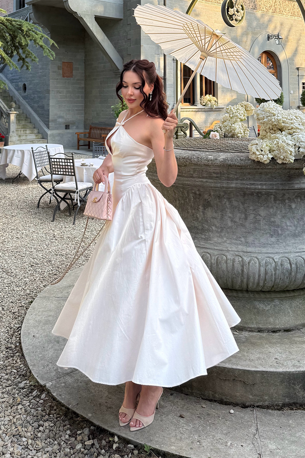 Beige Halter Keyhole Midi Dress Full A Line Skirt Vintage Evening Dress RM251 Sheer Fairy