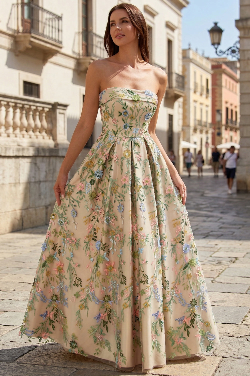 Women's Strapless Nude Floral Embroidered Prom Dress SH743 Sheer Fairy