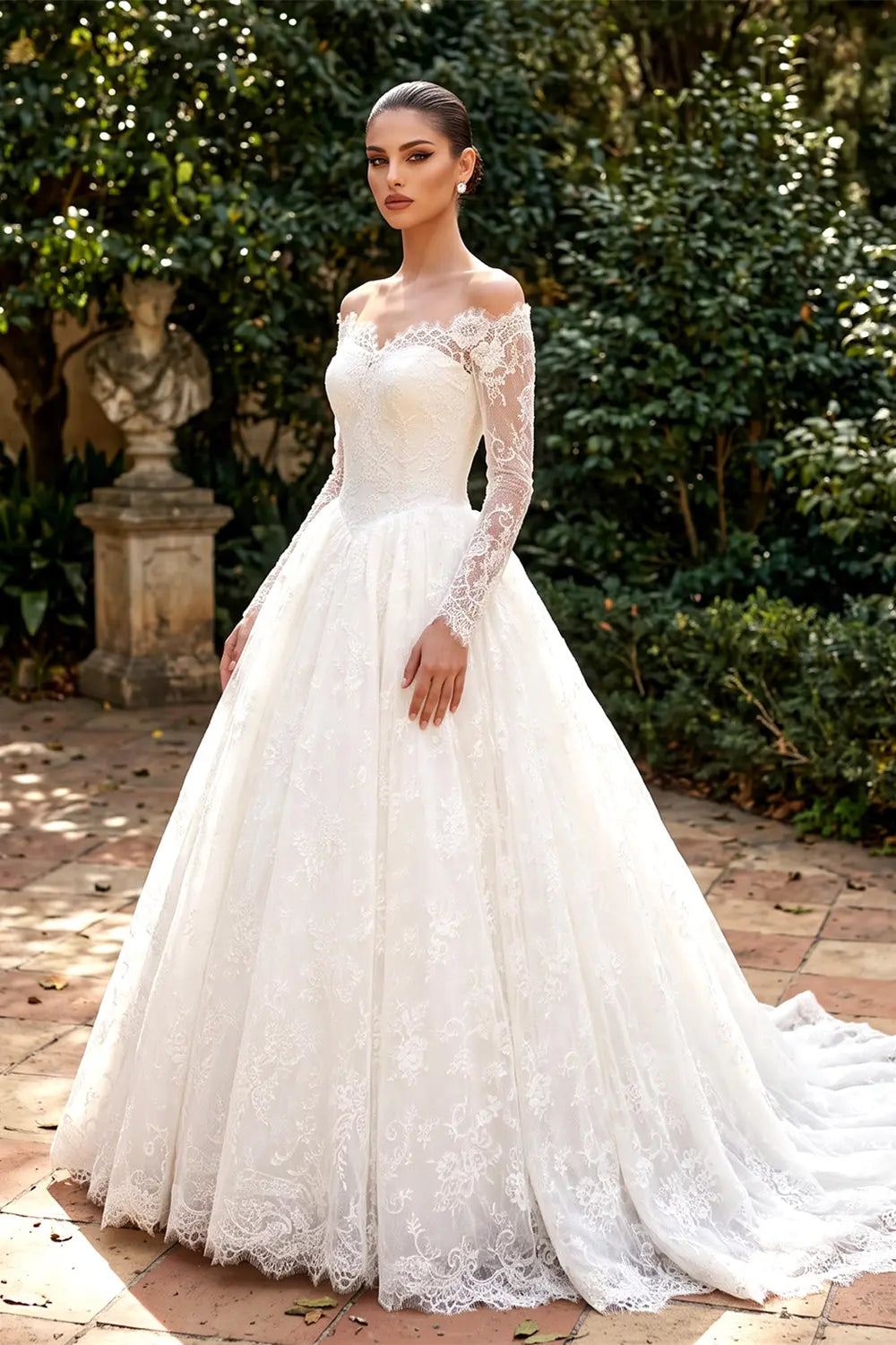White Long Sleeve Lace Ball Gown Wedding Dress SW754 Sheer Fairy