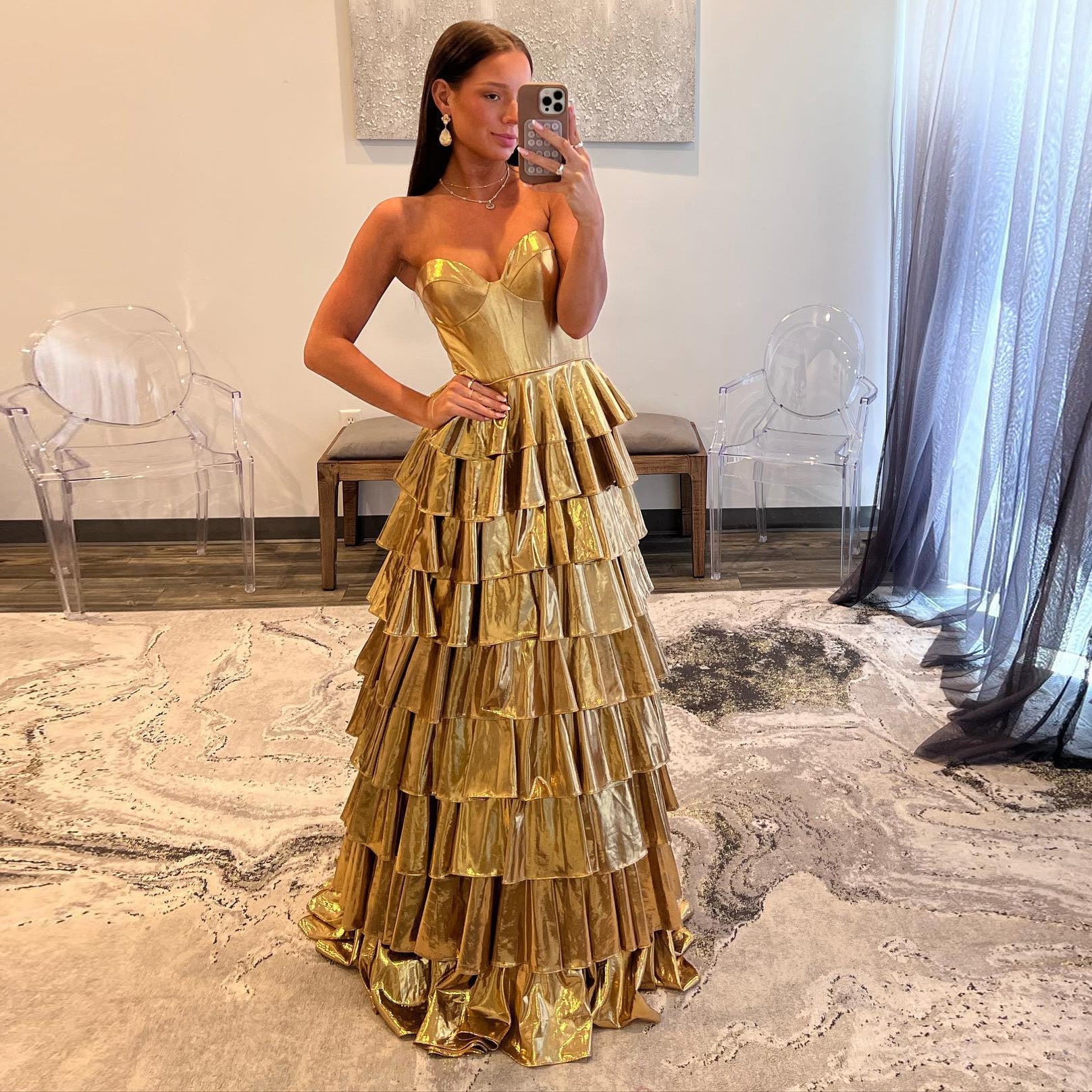 Gold Metallic Strapless Ruffled A-Line Prom Dress SH159