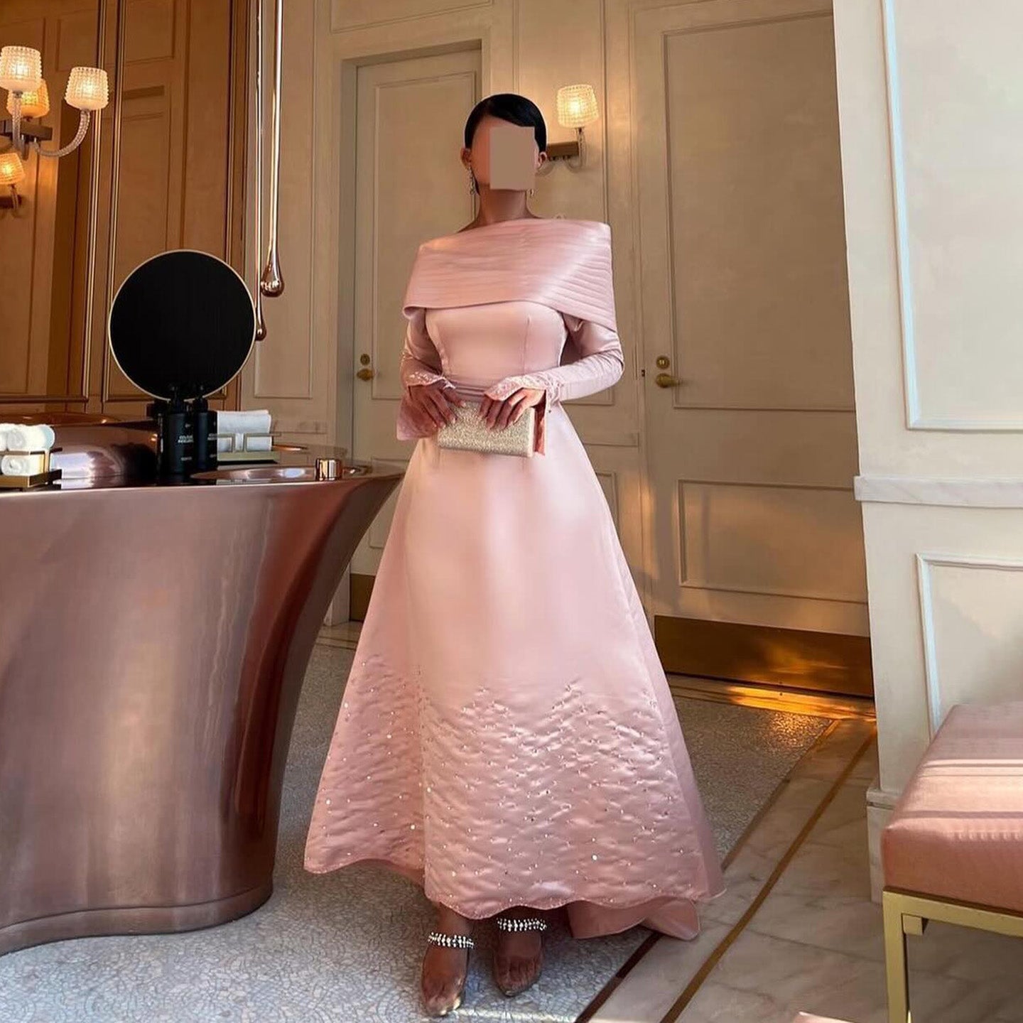 Pink Off-Shoulder Satin Beaded Sheath Evening Dress SF288