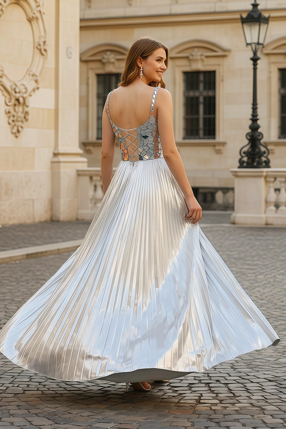 Silver Sequin Square Neck A-Line Prom Dress with Pleated Satin Skirt SH306 Sheer Fairy