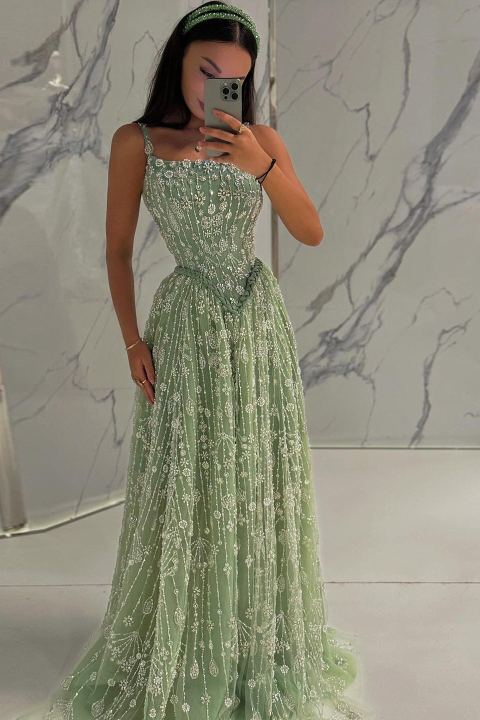 Luxury Sequined Floral Lace Square Neck A-Line Evening Dress SS693