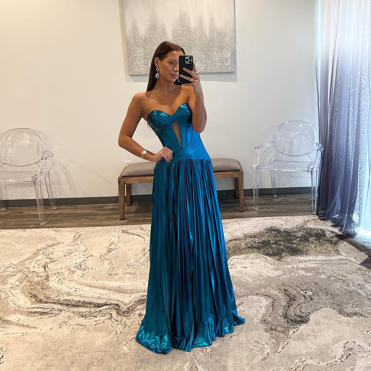 Teal Metallic Strapless A-Line Evening Dress SH155 - SHEER FAIRY