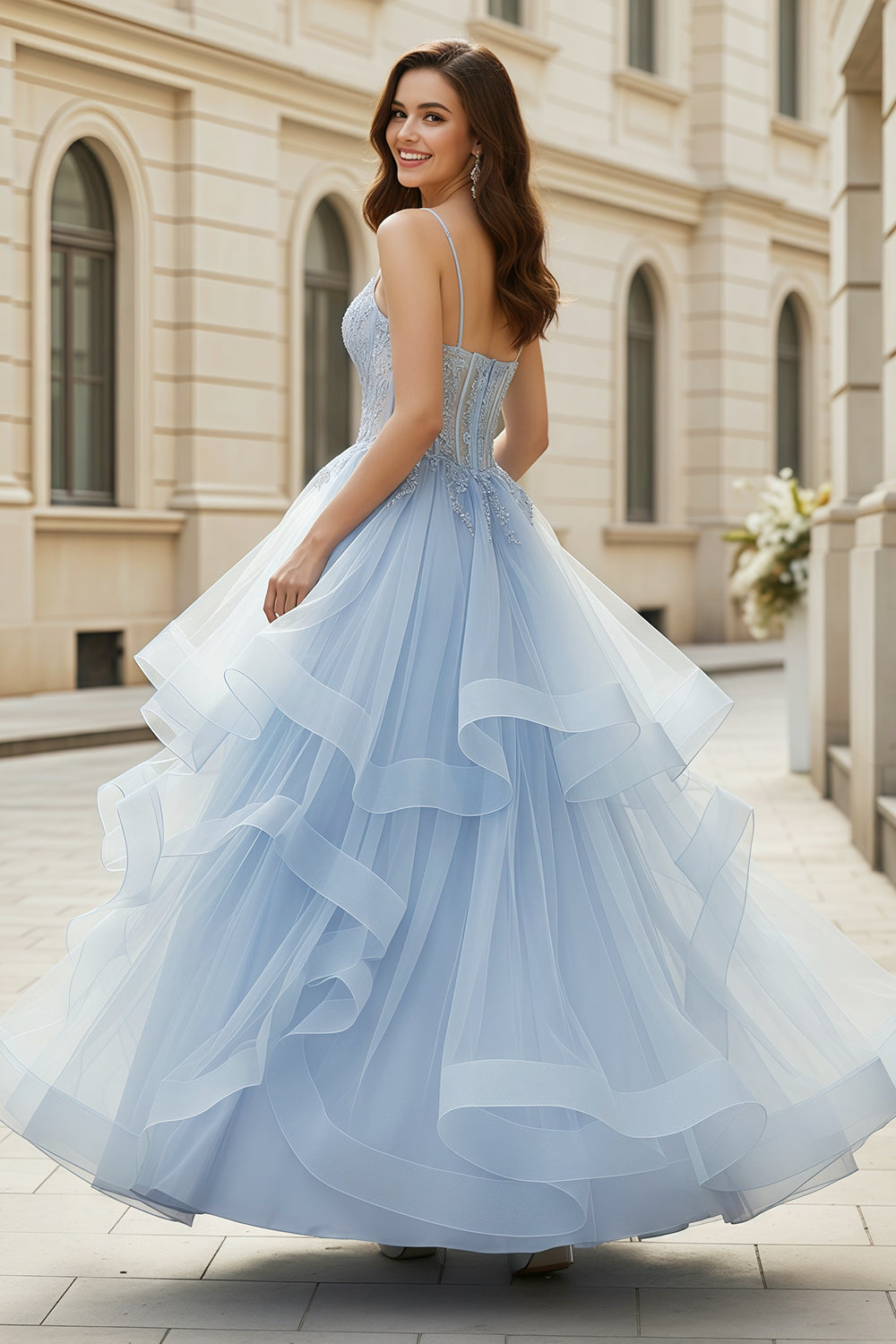 Light Blue Tiered Ruffled Tulle Ballgown Prom Dress SH255 Sheer Fairy