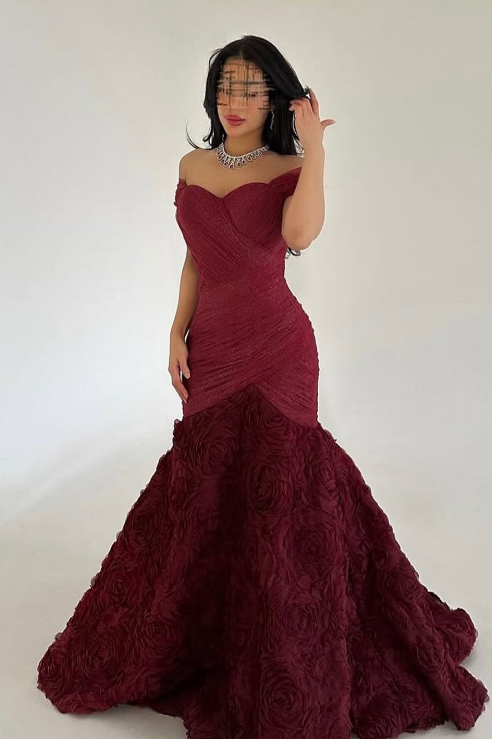 Burgundy Ruched Satin Mermaid Evening Dress SF169 Sheer Fairy