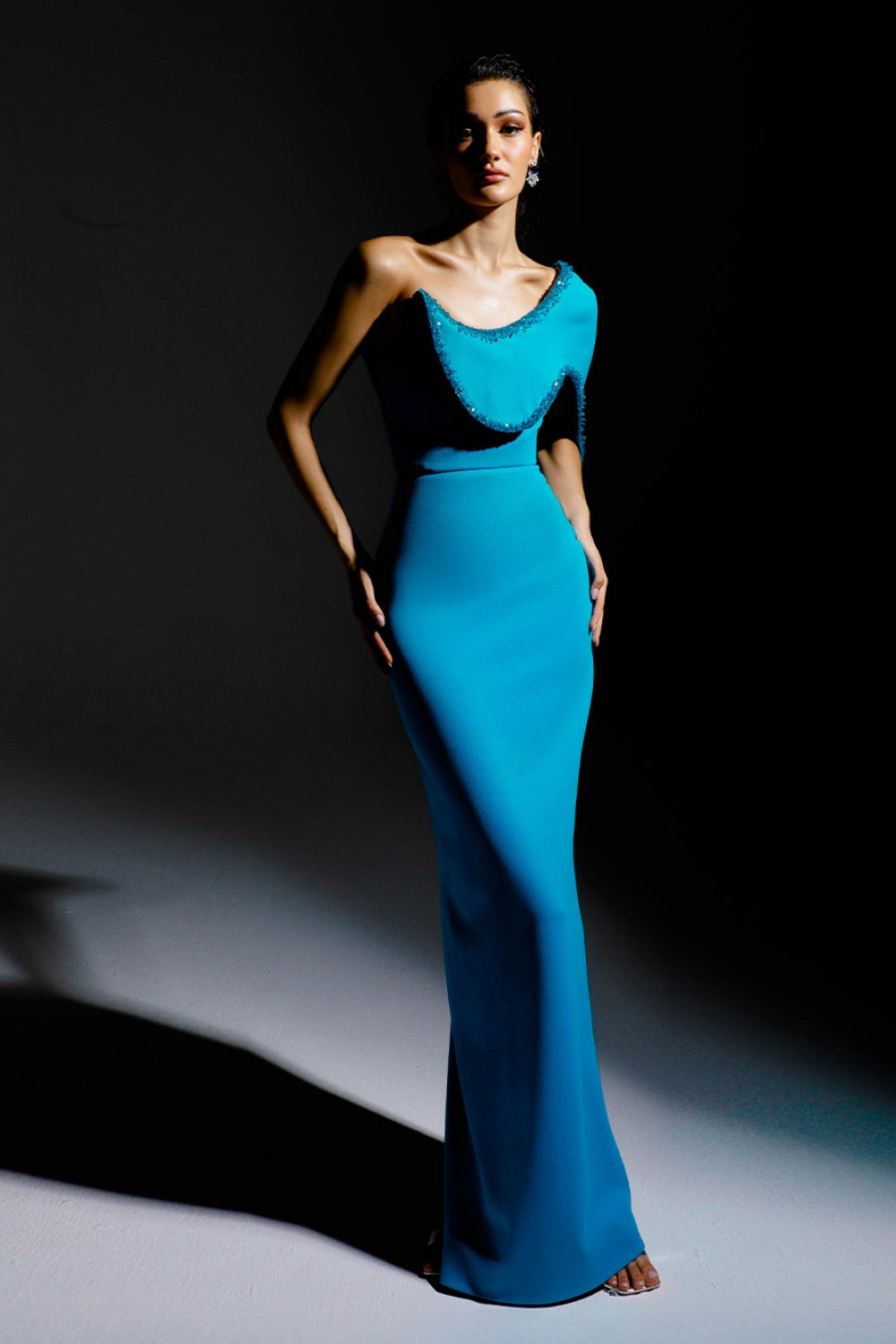Turquoise Asymmetric One-Shoulder Sheath Blue Evening Dress SF403 Sheer Fairy