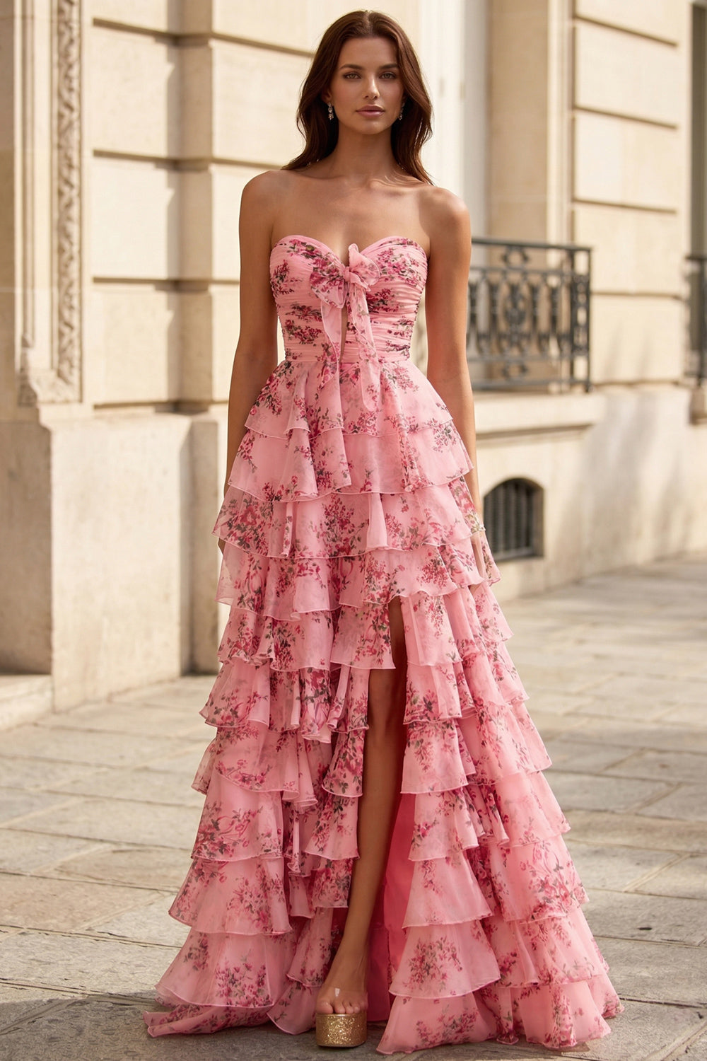 A Line Pink Floral Prom Dresses with Tiered Ruffles SH725 Sheer Fairy