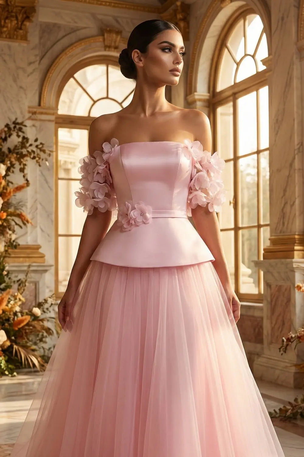 Blush Pink Peplum Off-the-Shoulder Evening Dress with 3D Floral SF228 Sheer Fairy