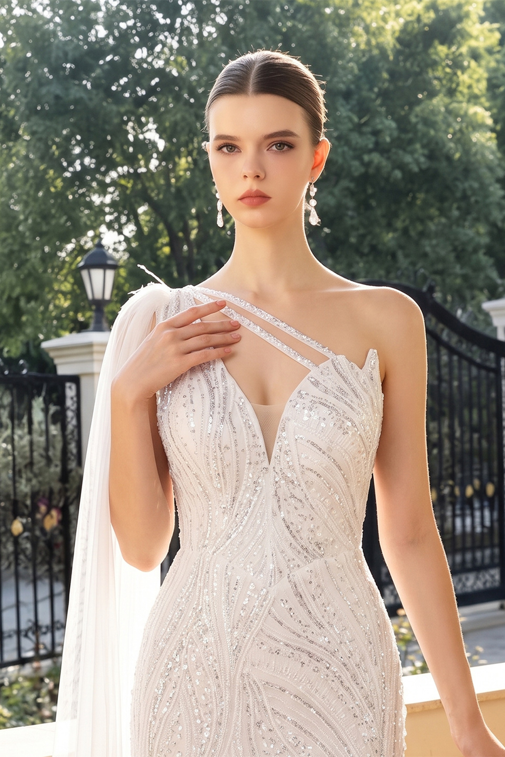 White One Shoulder Mermaid Evening Gown Full Sequin Sparkle Party Dress with Cape ST010 Sheer Fairy