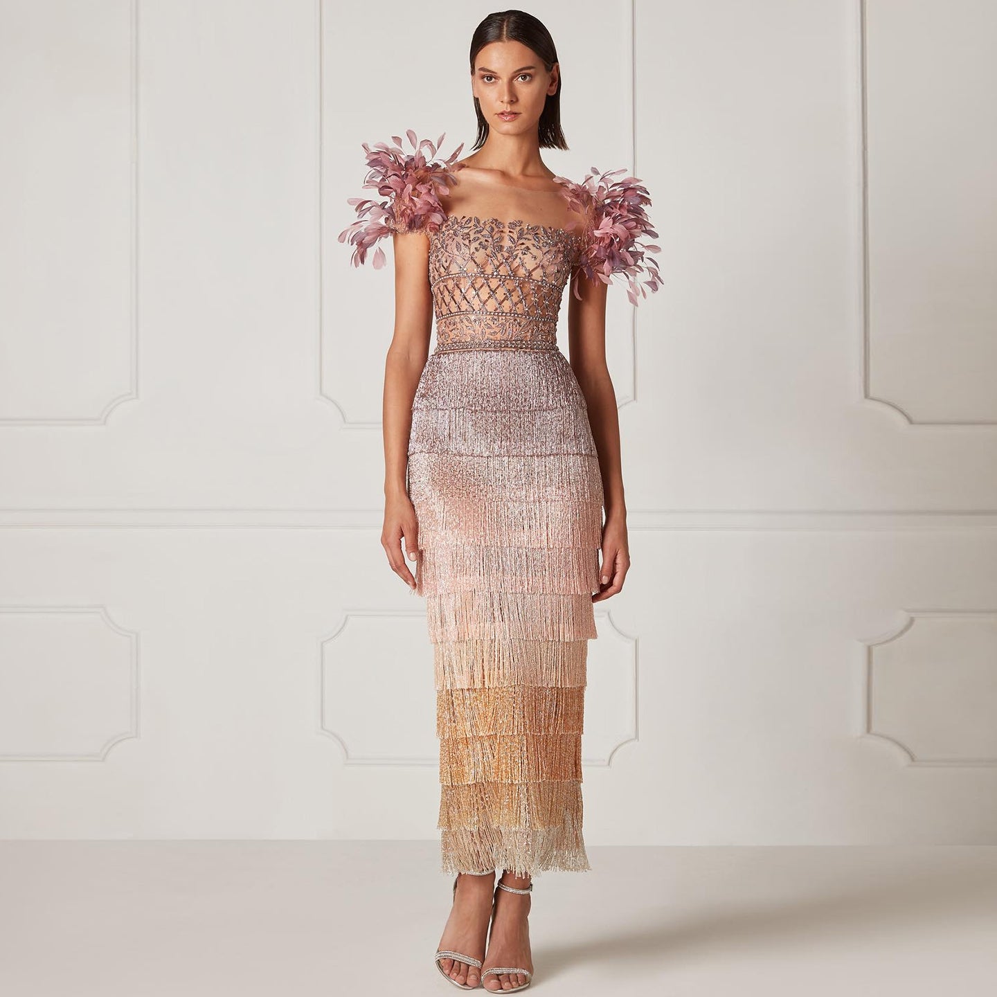 Sheer Lattice Beaded Tiered Fringe Lilac Evening Dress with 3D Floral SS379 Sheer Fairy