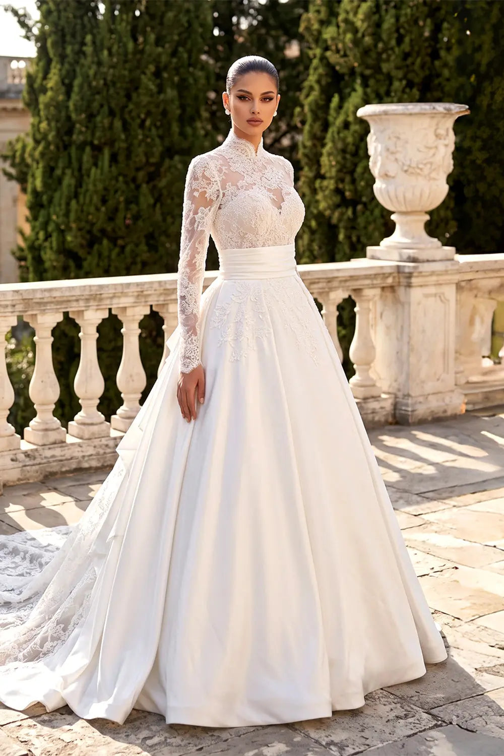 Ivory Long Sleeve High Neck Lace Wedding Dress SW759 Sheer Fairy