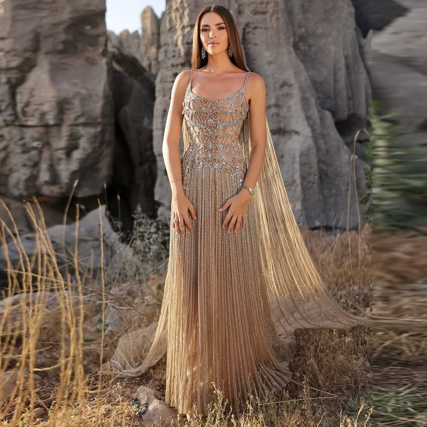 Champagne Beaded Sheer Corset Evening Gown with Draped Cape & Pleated Skirt SS538 Sheer Fairy