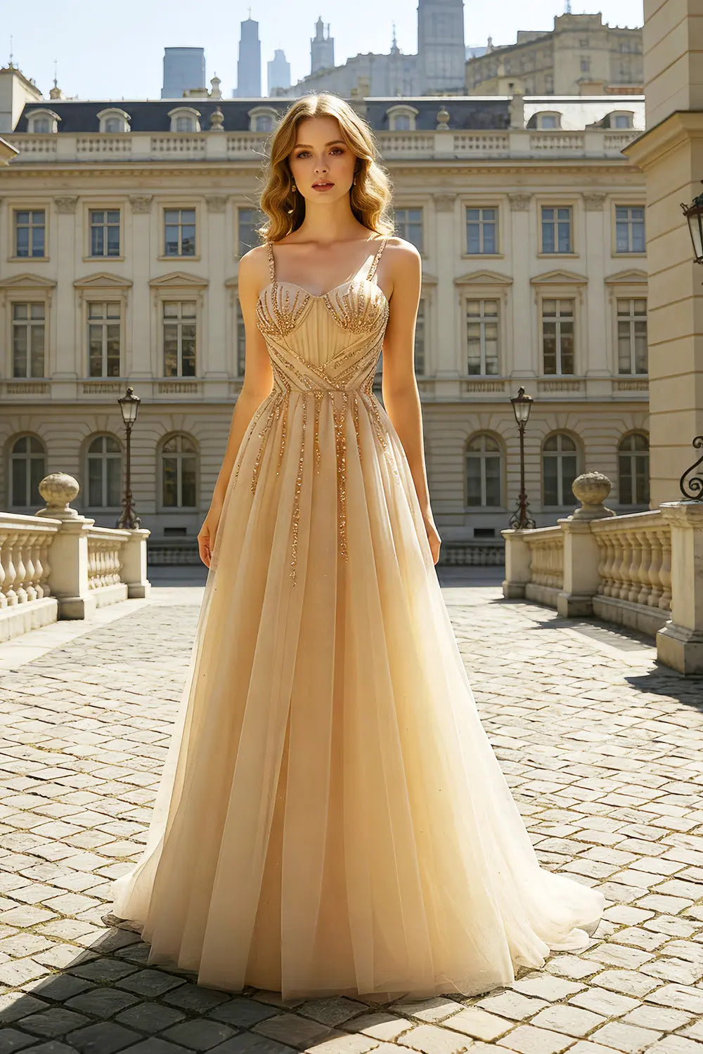 Champagne Spaghetti Strap Tulle A-Line Prom Dress SH410 Sheer Fairy