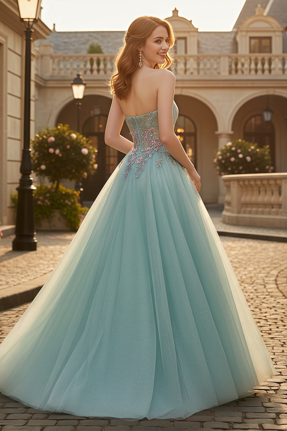 Blue Glitter Tulle Strapless Sweetheart Ballgown Prom Dress SH119 Sheer Fairy