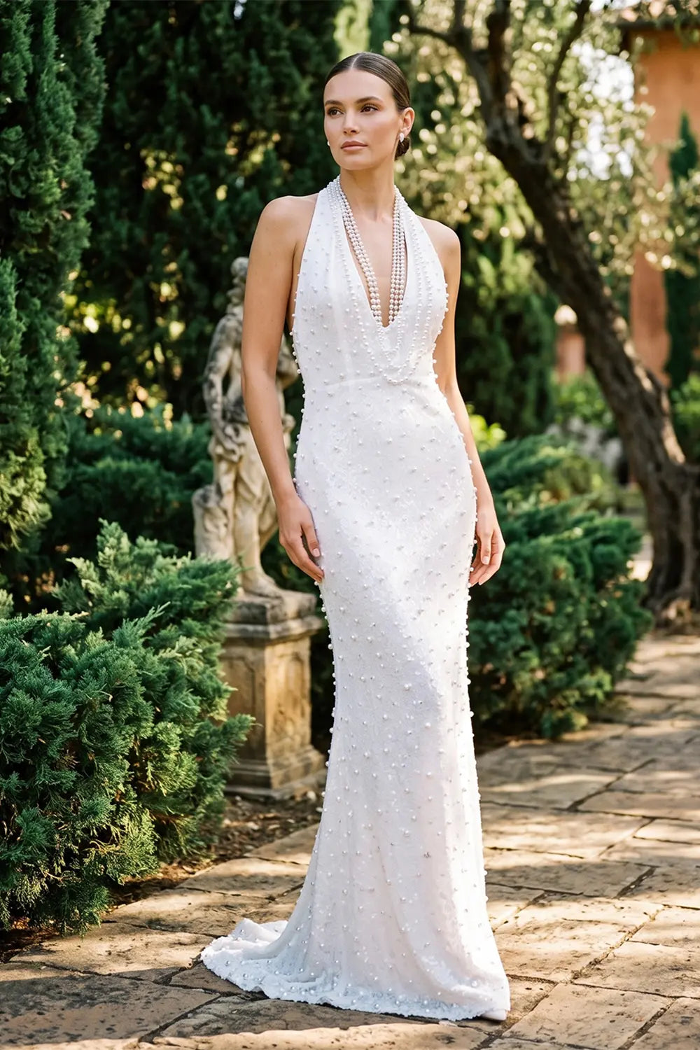 White Halter Pearl Beaded Backless Evening Dress ST091 Sheer Fairy