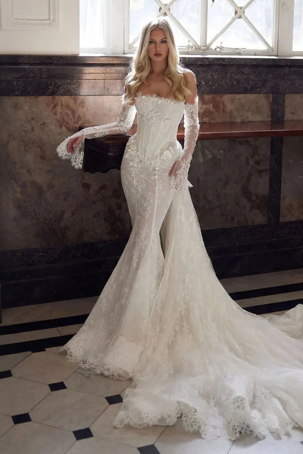 White Strapless Boned Corset Mermaid Wedding Gown with Long Train SW671 Sheer Fairy