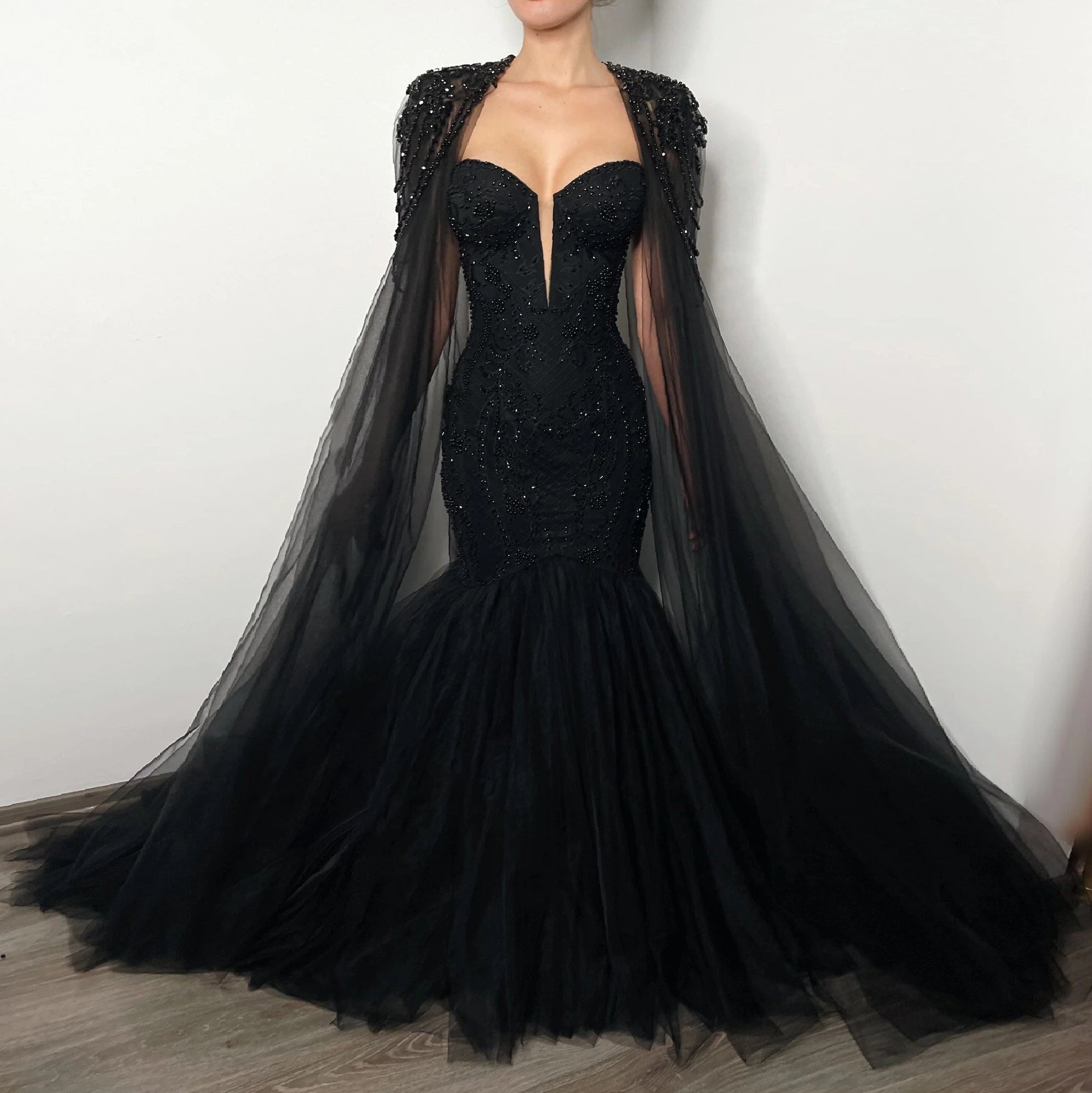 Black Beaded Strapless Mermaid Wedding Dress with SW554