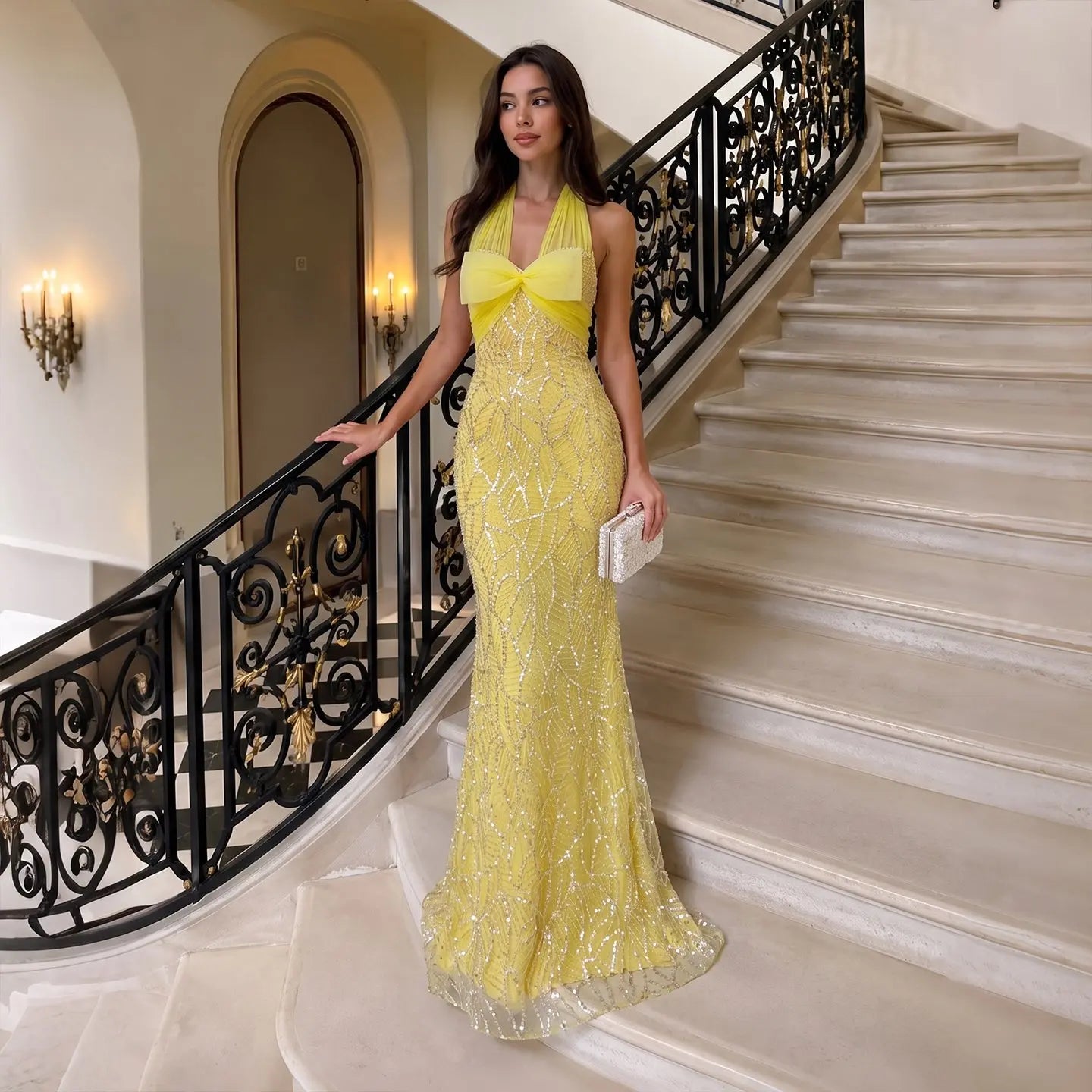 Elegant Yellow Halter Bow Sequin Gown - Mermaid Maxi Formal Evening Dress ST001 Sheer Fairy