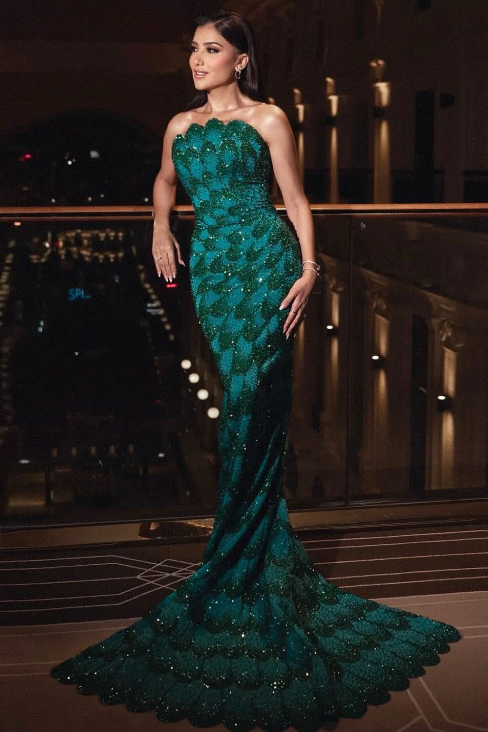 Teal Sequined Scalloped Strapless Mermaid Evening Dress SS601