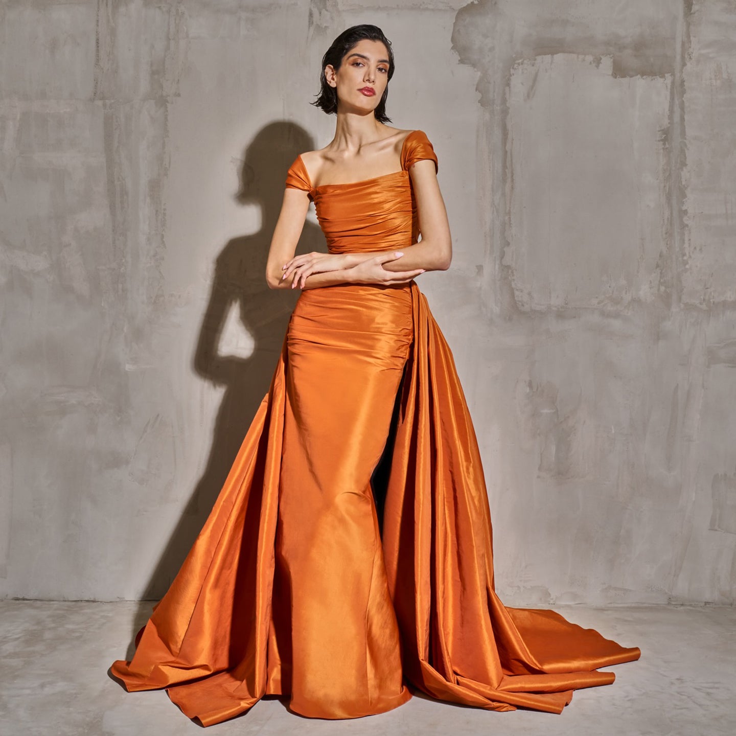 Metallica Orange Off-Shoulder Satin Mermaid Evening Dress SF491