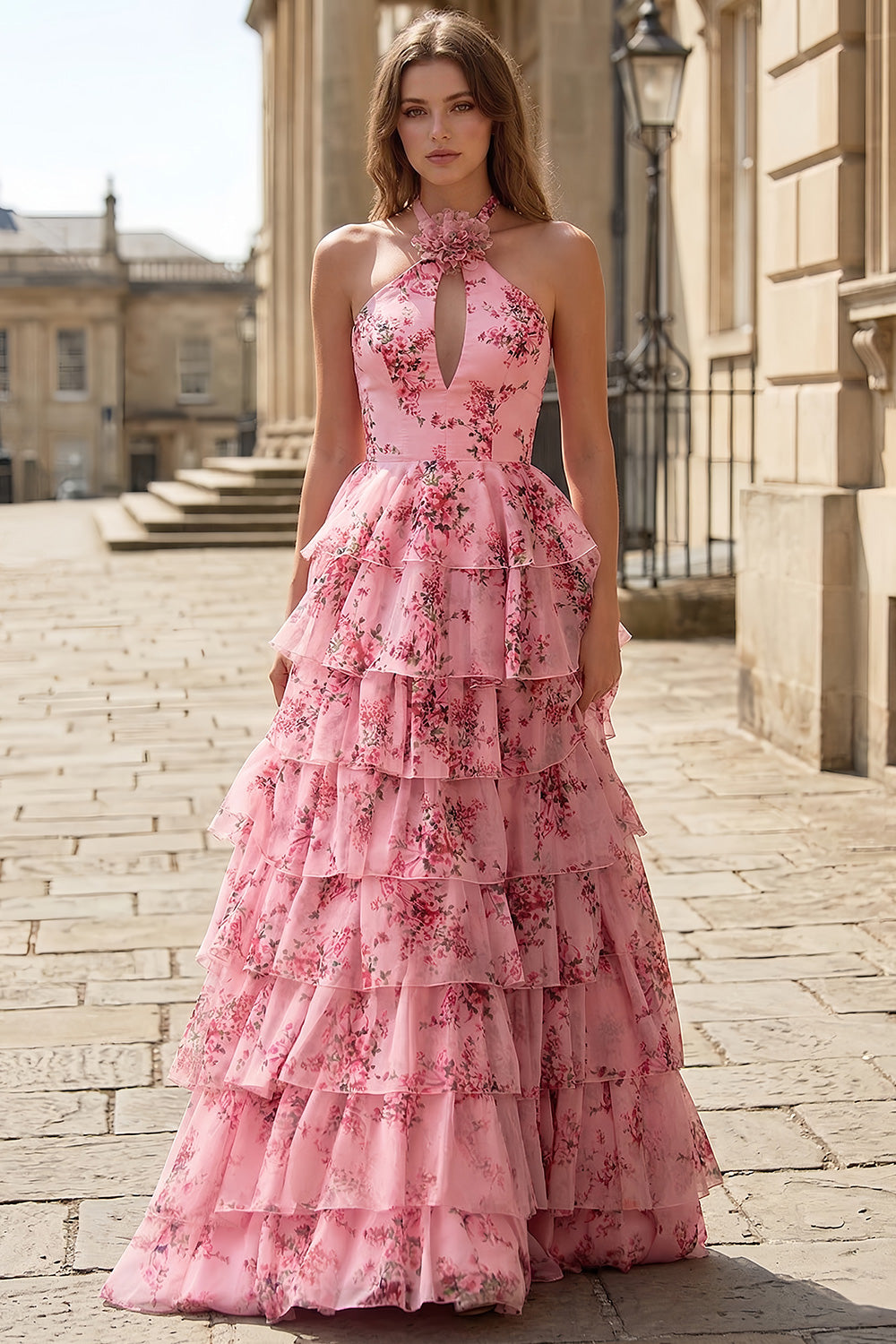 Sexy Backless Halter Pink Floral Prom Dress with Tiered  SH728 Sheer Fairy