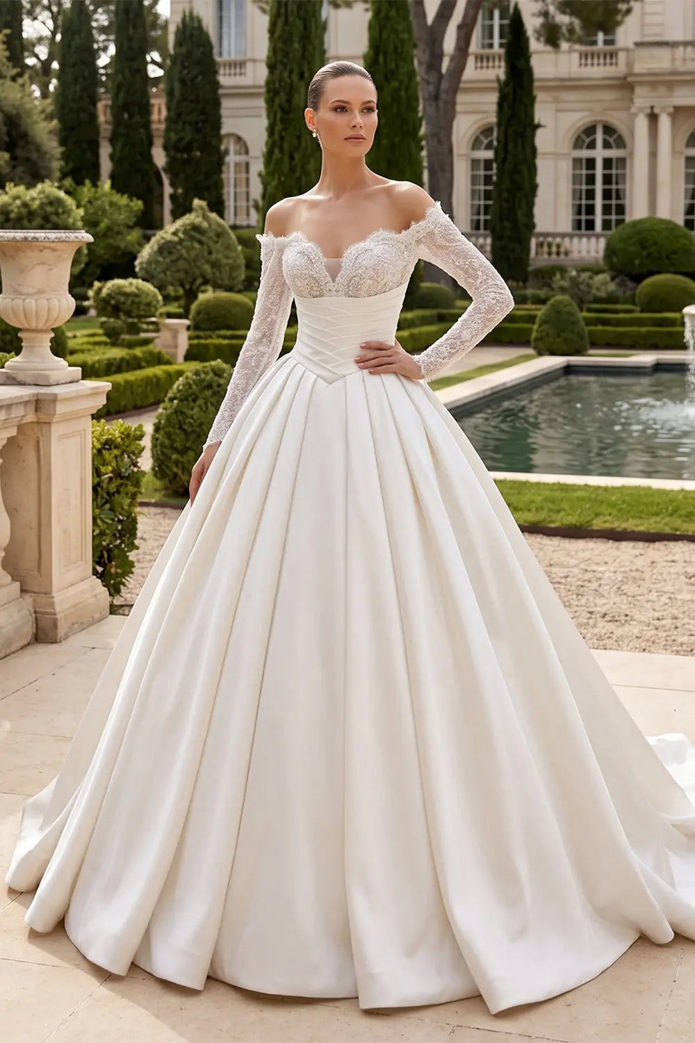 Ivory Satin Long Sleeve Off Shoulder Wedding Dress SW688 Sheer Fairy