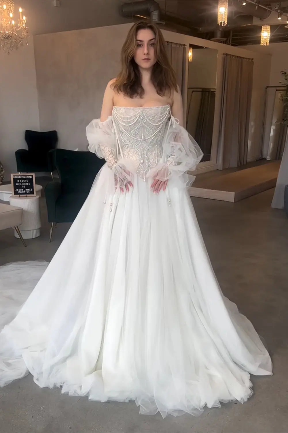 White Pearl Beaded Corset Wedding Dress with Detachable Puff Sleeves SW663 Sheer Fairy