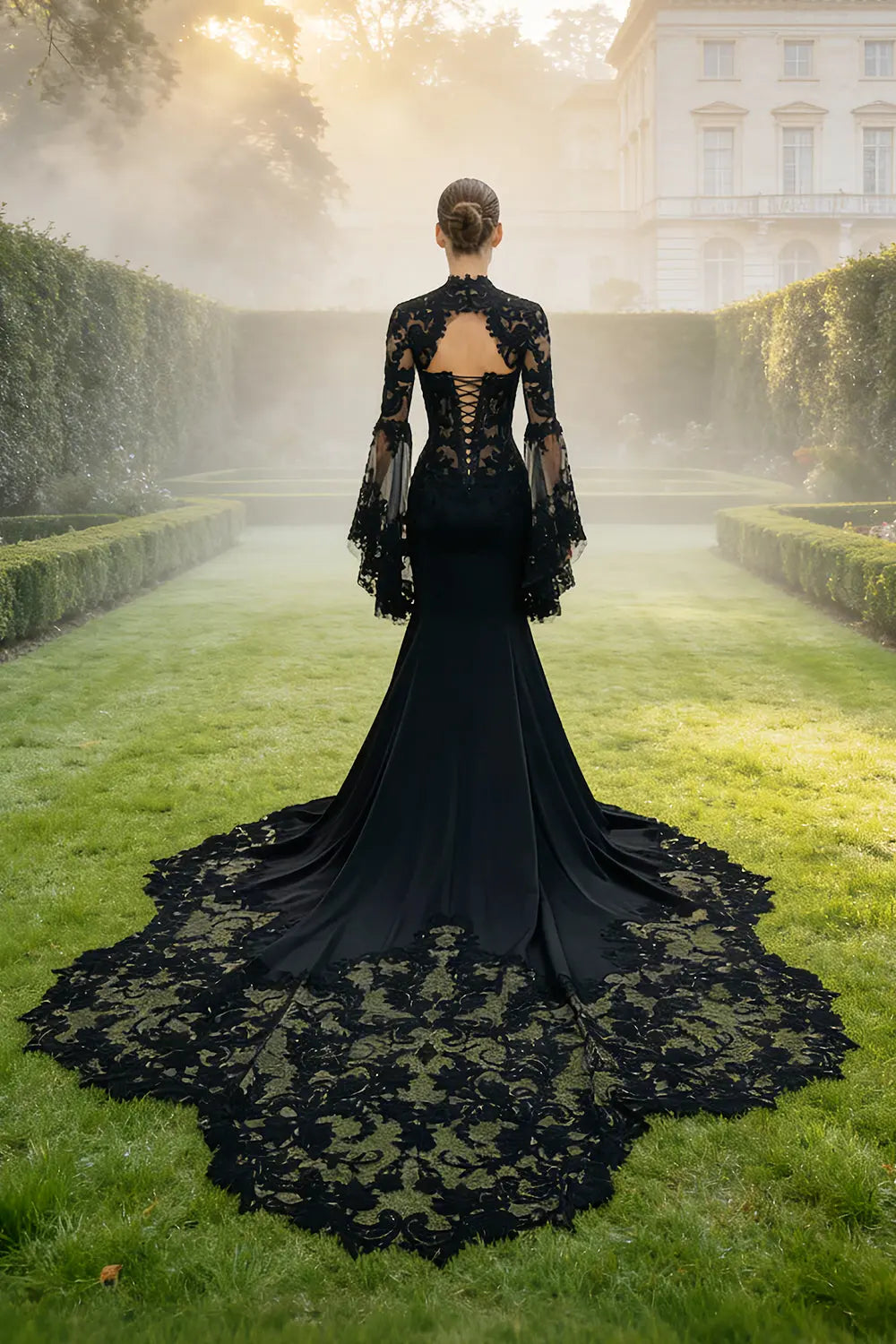 Black Fancy Lace Mermaid Mandarin Collar Wedding Dress SW562 Sheer Fairy