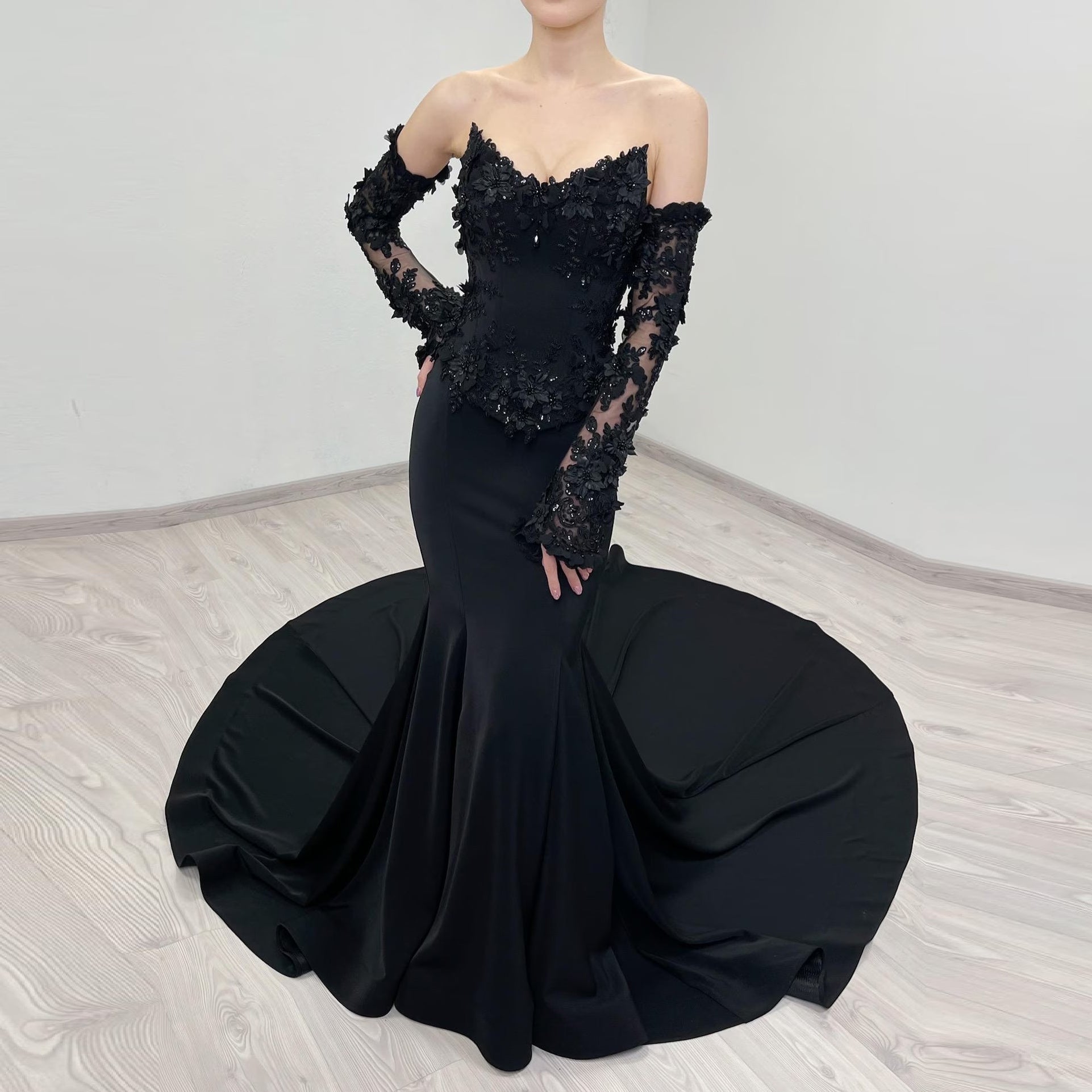 Black Gothic Off-Shoulder Mermaid Wedding Dress with Long Sleeves SW553