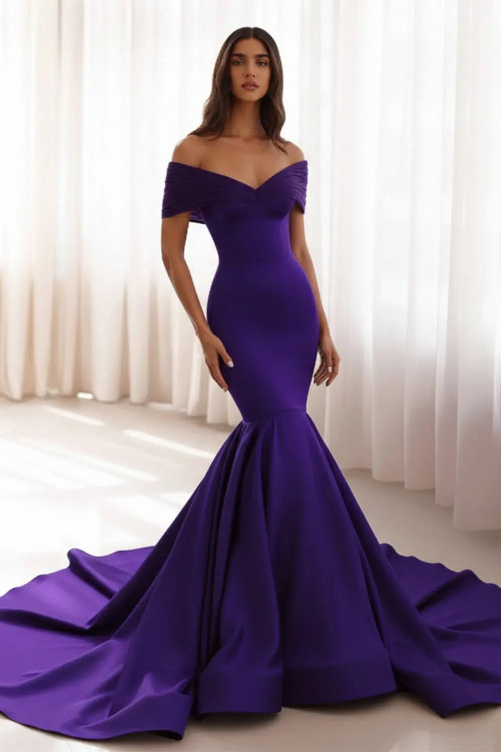 Royal Purple Satin Mermaid Off-the-Shoulder Evening Dress SF476 Sheer Fairy