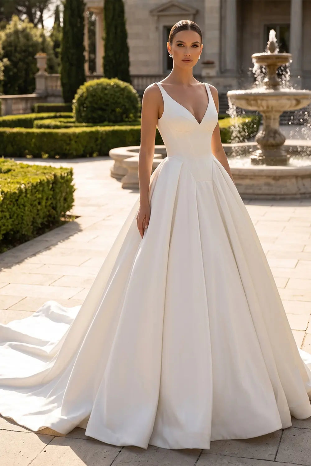 White V Neck Sleeveless Satin Chapel Train Bridal Gown SW749 Sheer Fairy