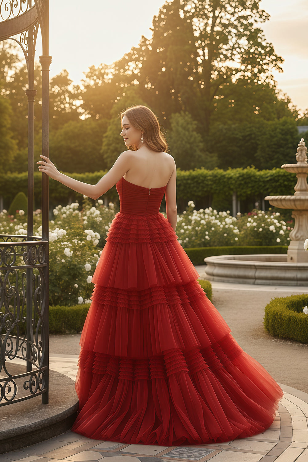 Red Strapless Ruffled Tulle A-Line Off Shoulder Evening Dress SH158 Sheer Fairy