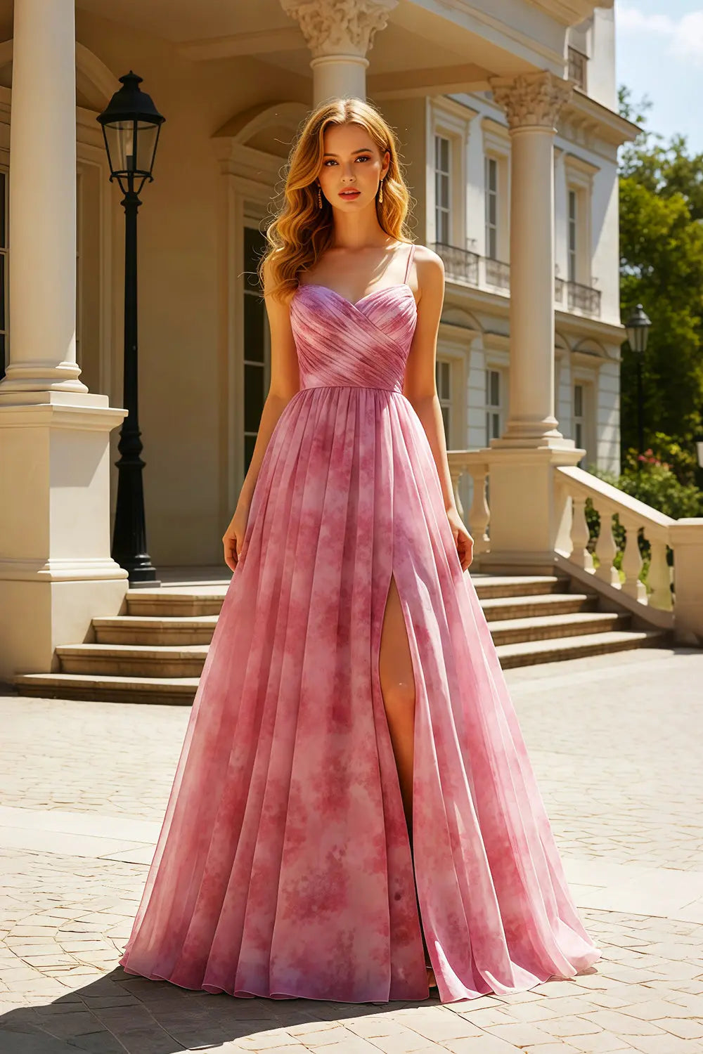 Pink Watercolor Floral Chiffon Spaghetti Strap A-Line Prom Dress SH423 Sheer Fairy
