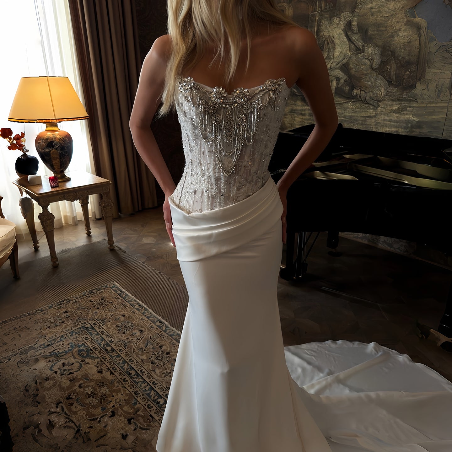 Strapless Crystal Beaded Corset Mermaid Wedding Dress with Court Satin Skirt SW221 Sheer Fairy