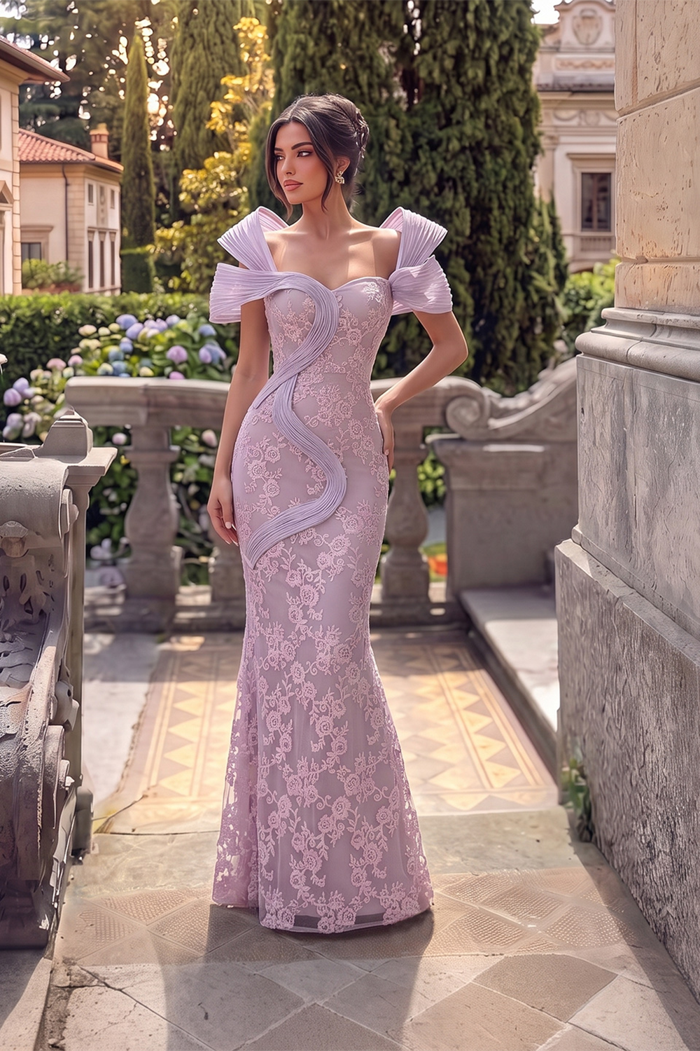 Pink Floral Lace Formal Evening Dress Off the Shoulder Mermaid Prom Dress with 3D Detail ST011 Sheer Fairy