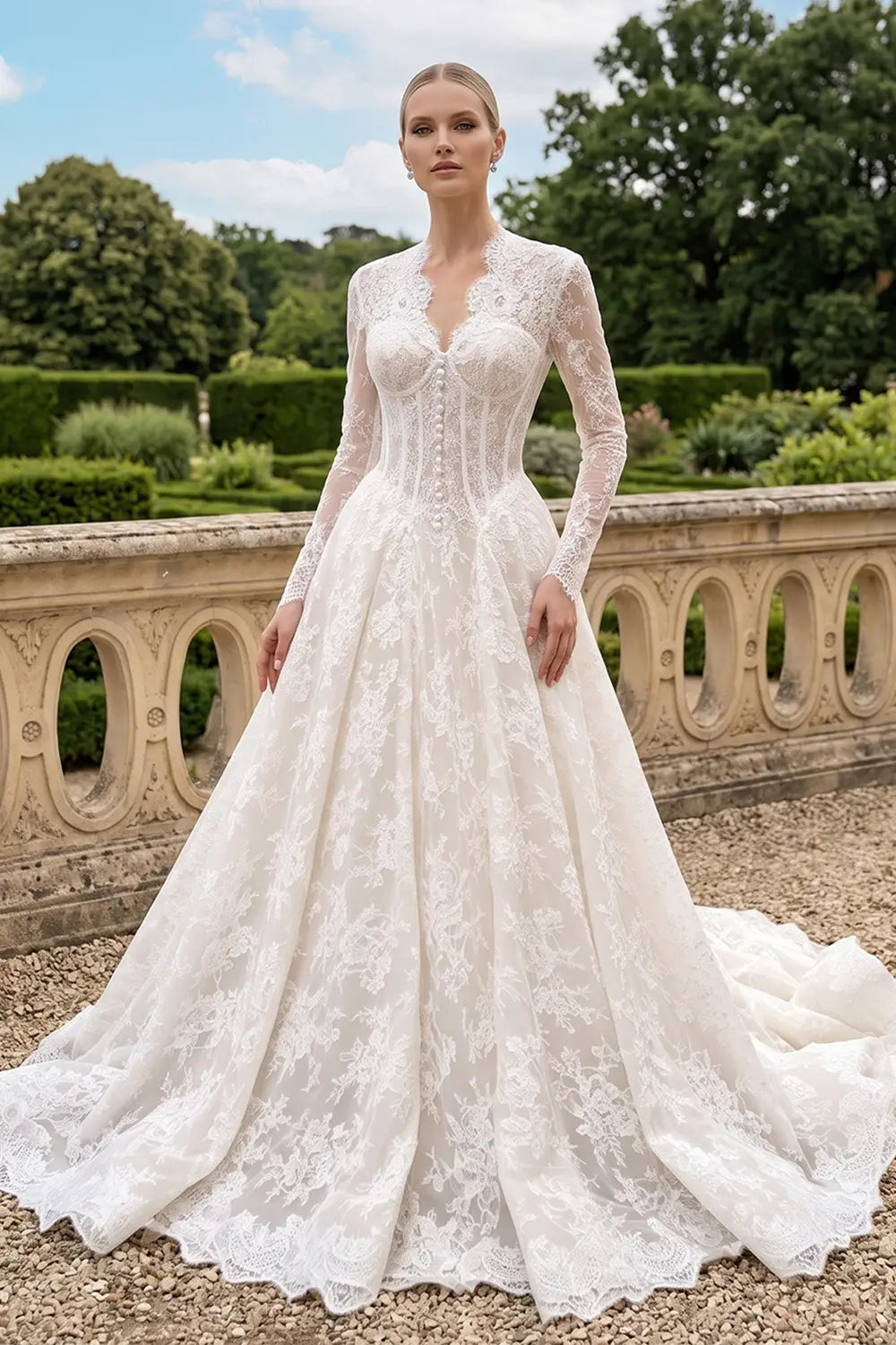 White Lace V Neck Ball Gown Wedding Dress SW693 Sheer Fairy