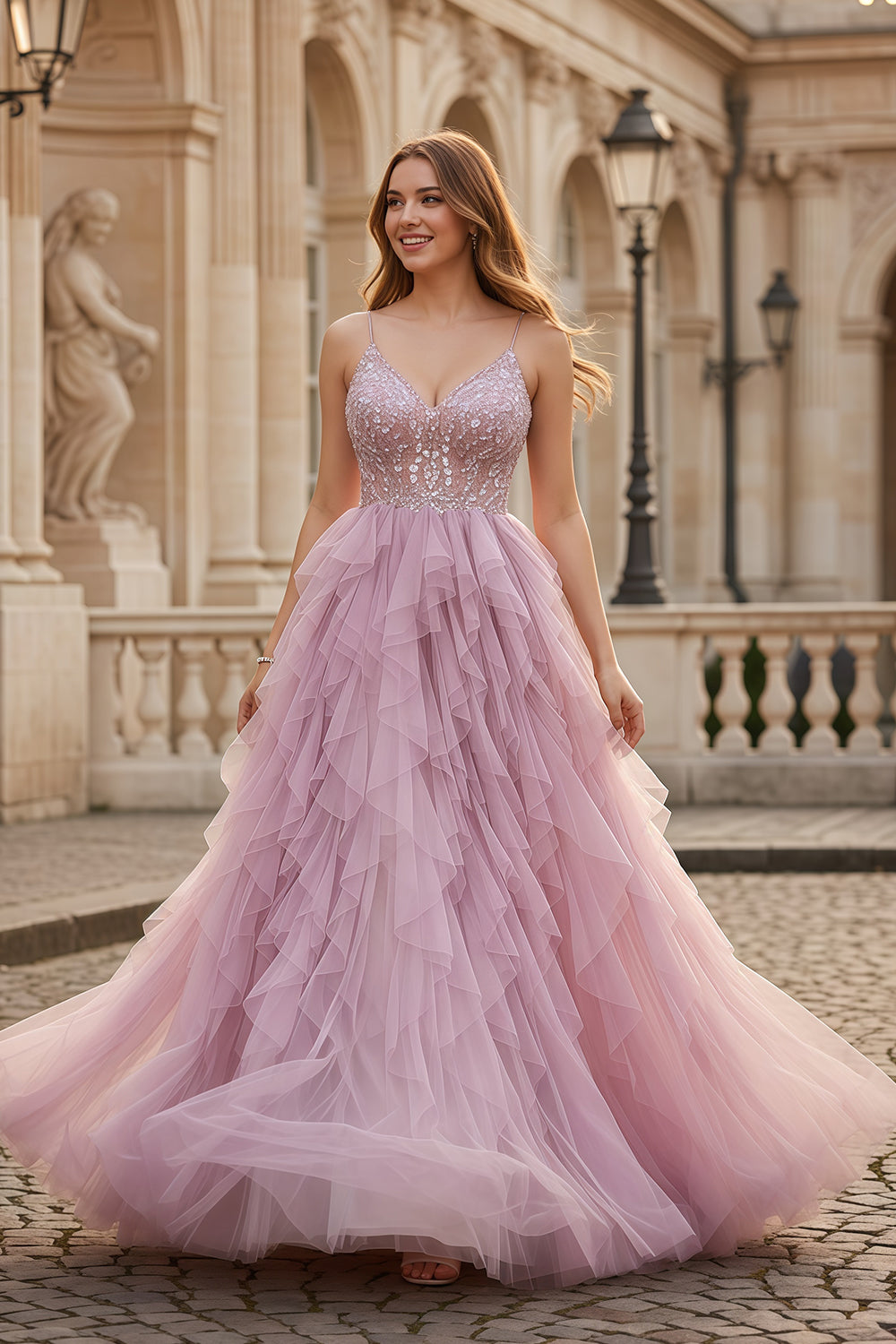 Pink Beaded Plunging V-Neck Tiered Tulle A-Line Prom Dress SH102 Sheer Fairy