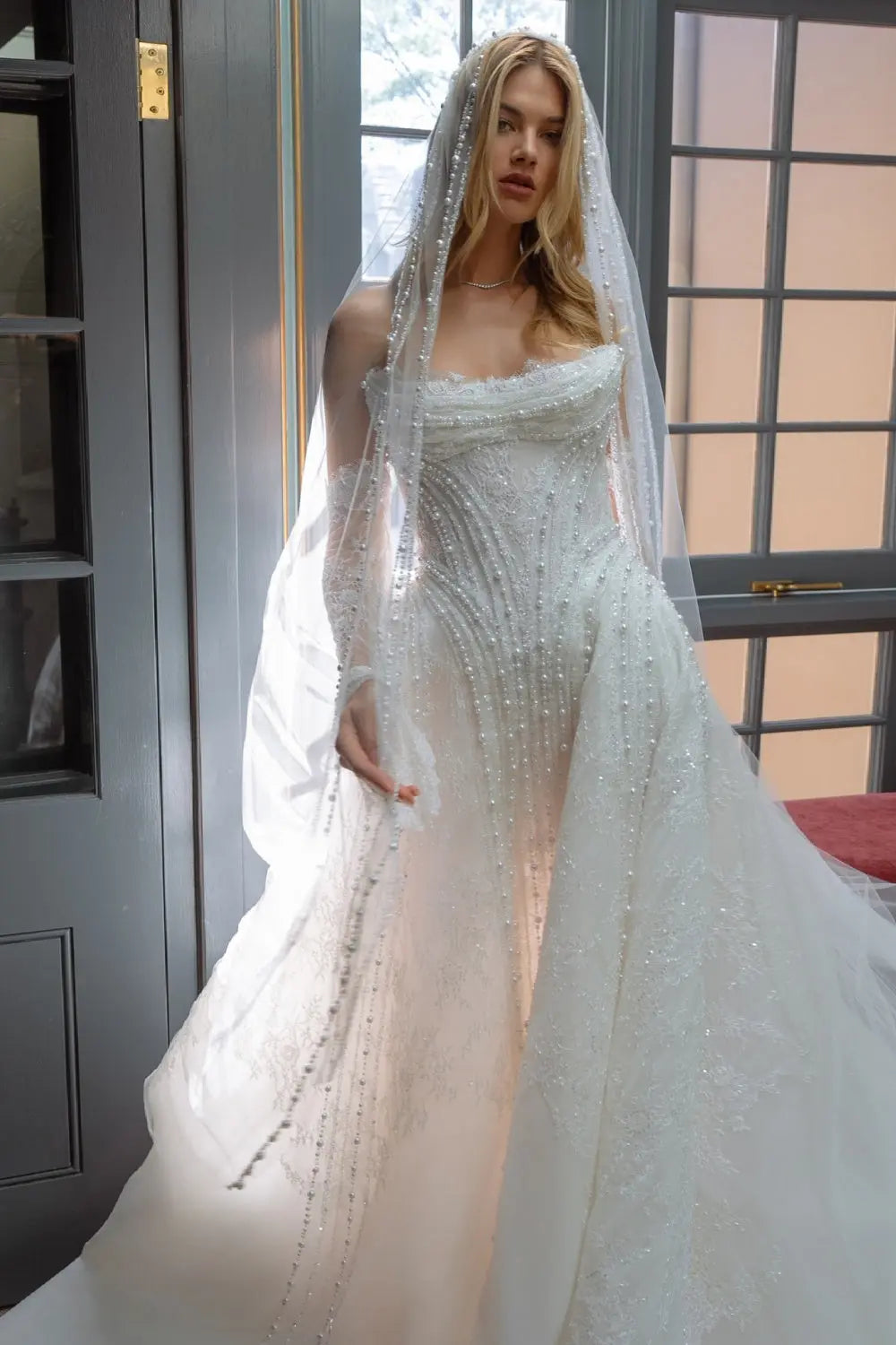 Beaded Lace Cathedral Off-the-Shoulder Ball Gown Wedding Dress SW587 Sheer Fairy