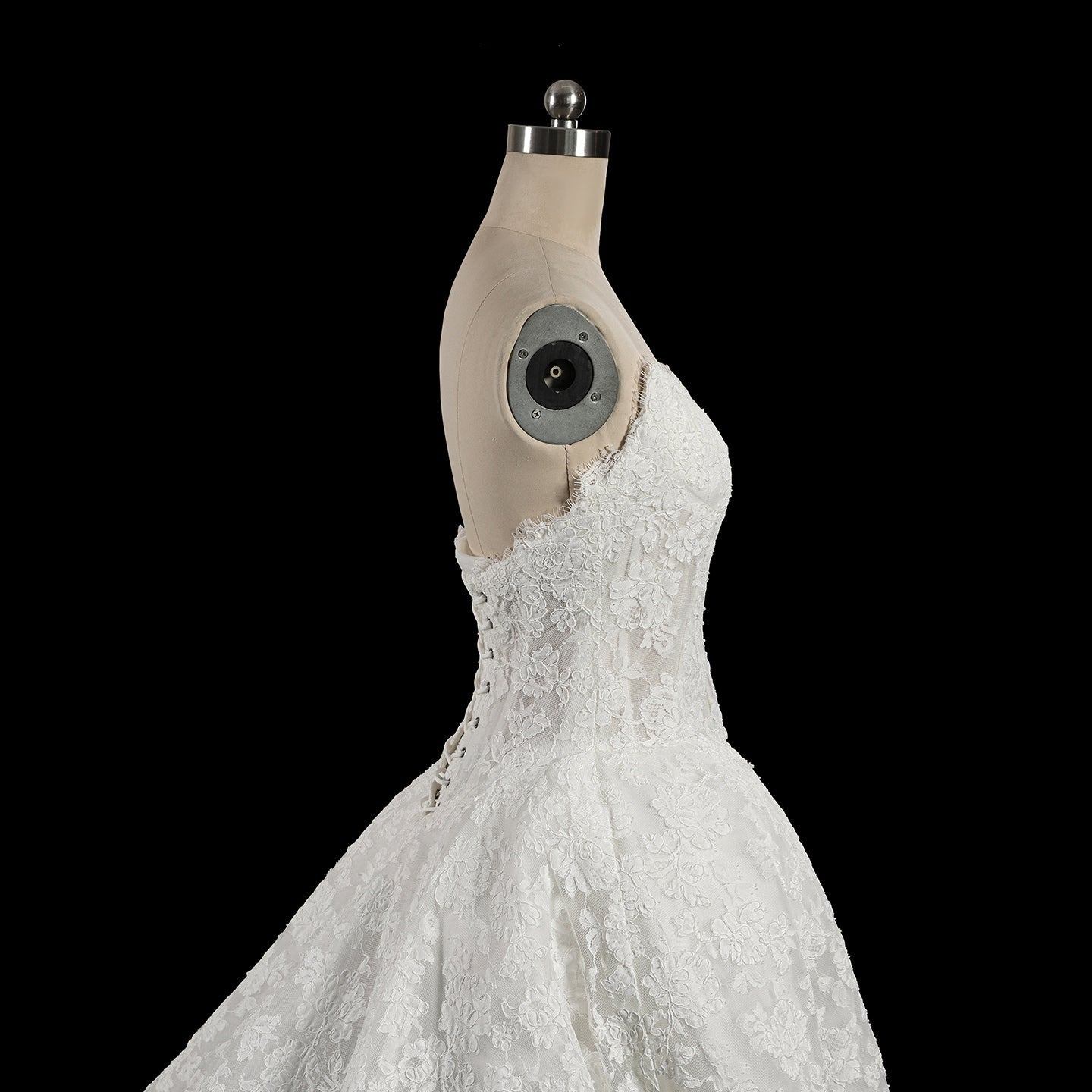 White Lace Strapless Princess Wedding Dress Button Down Front with Long Train SW742 Sheer Fairy