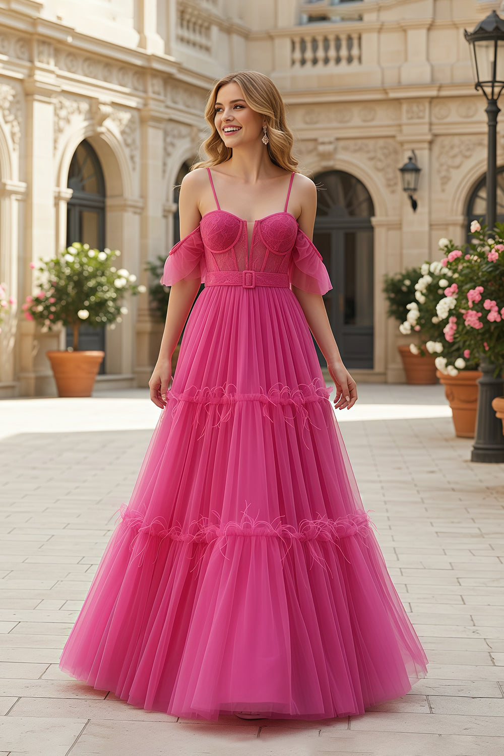 Chic Fuchsia Off-Shoulder Tulle Prom Dress with Belt SH210 Sheer Fairy