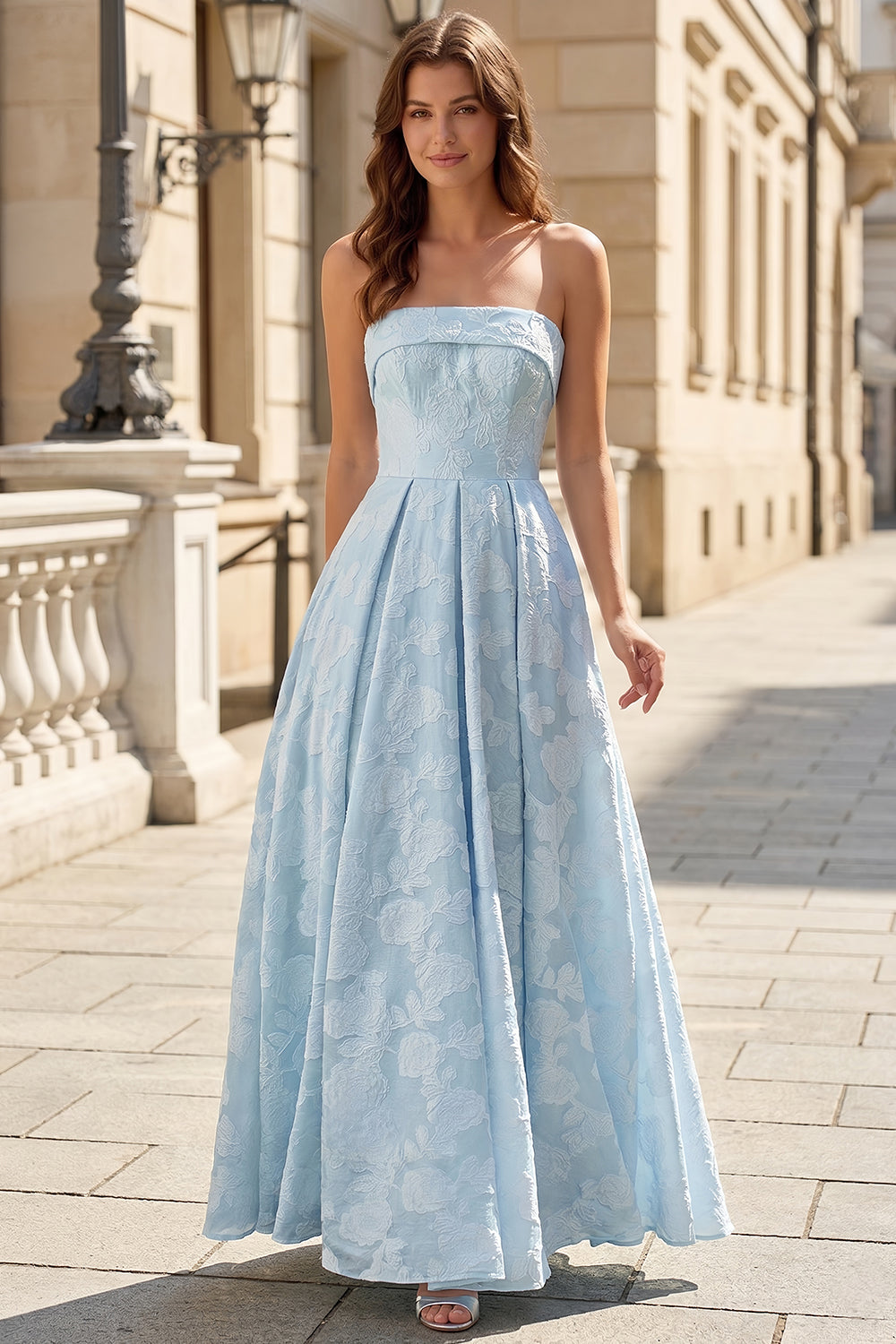 A Line Strapless Sky Blue Lace Sexy Prom Dress SH744 Sheer Fairy