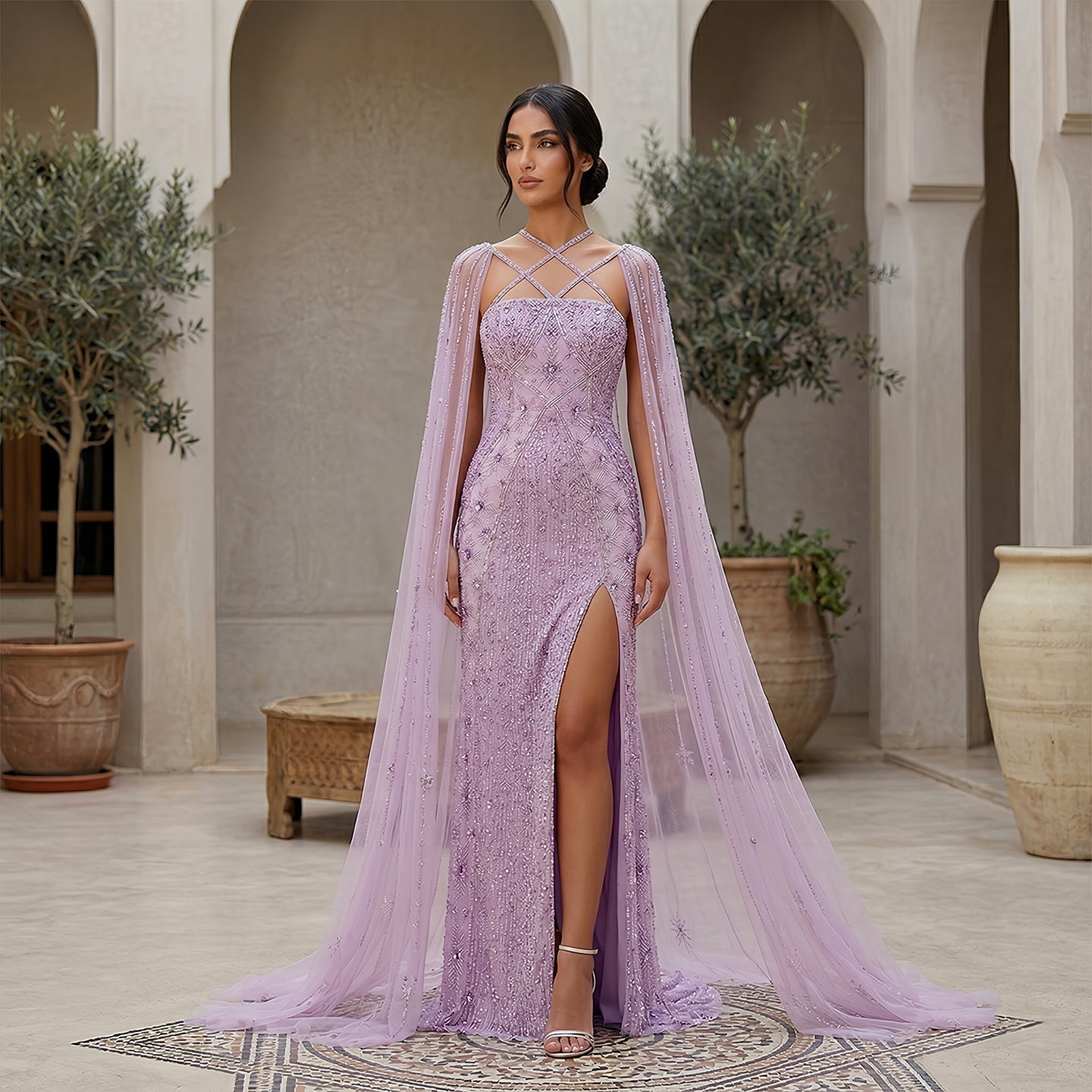 Luxury Lavender Beaded Mermaid Evening Gown with Detachable Cape Sleeves SS391 Sheer Fairy
