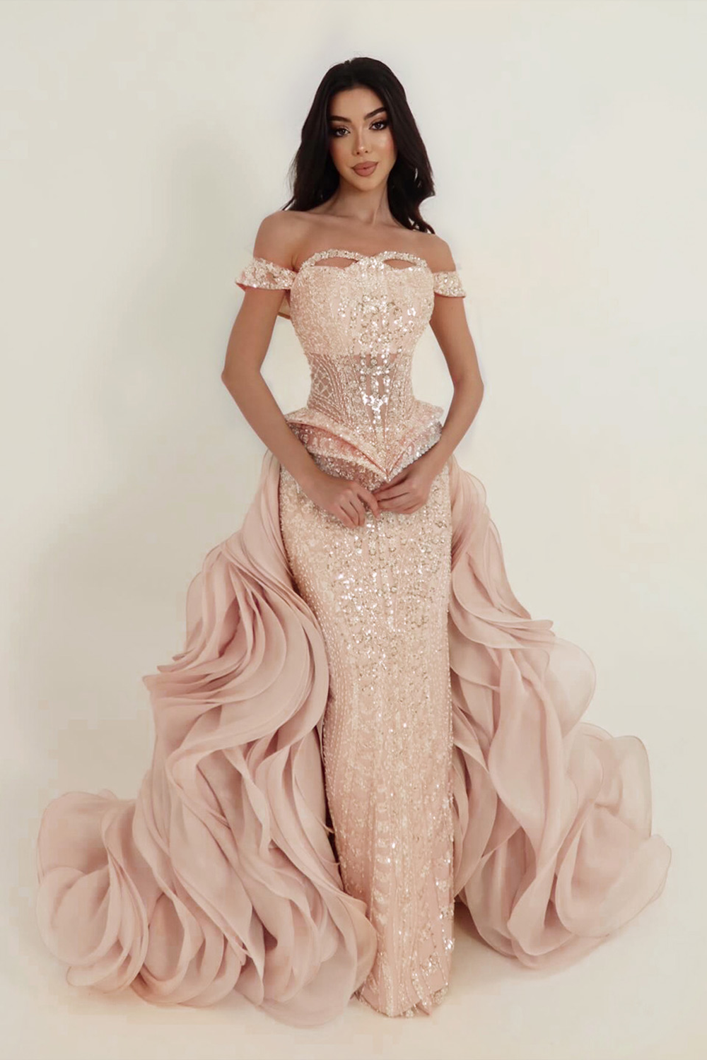 Sparkling Sequin Beaded Evening Dress with Cascading Layered Tiered Ruffle Train SS236 Sheer Fairy