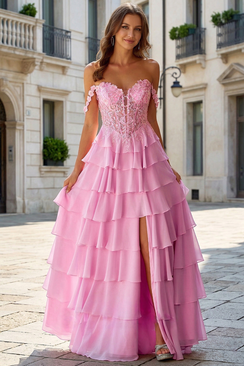 Tiered Lace Pink Prom Dress Sexy Off the Shoulder Split Side SH732 Sheer Fairy