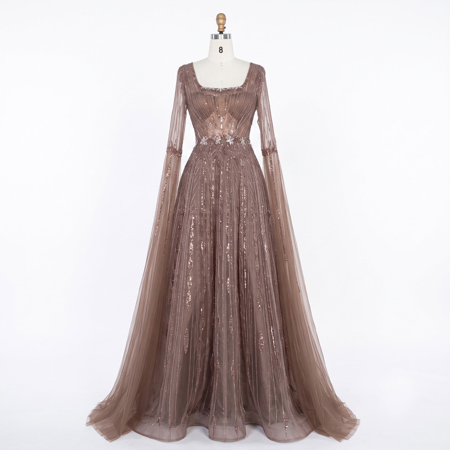 Sparkling Sequined Square Neck Long Sleeve A Line Evening Gown SS065 Sheer Fairy