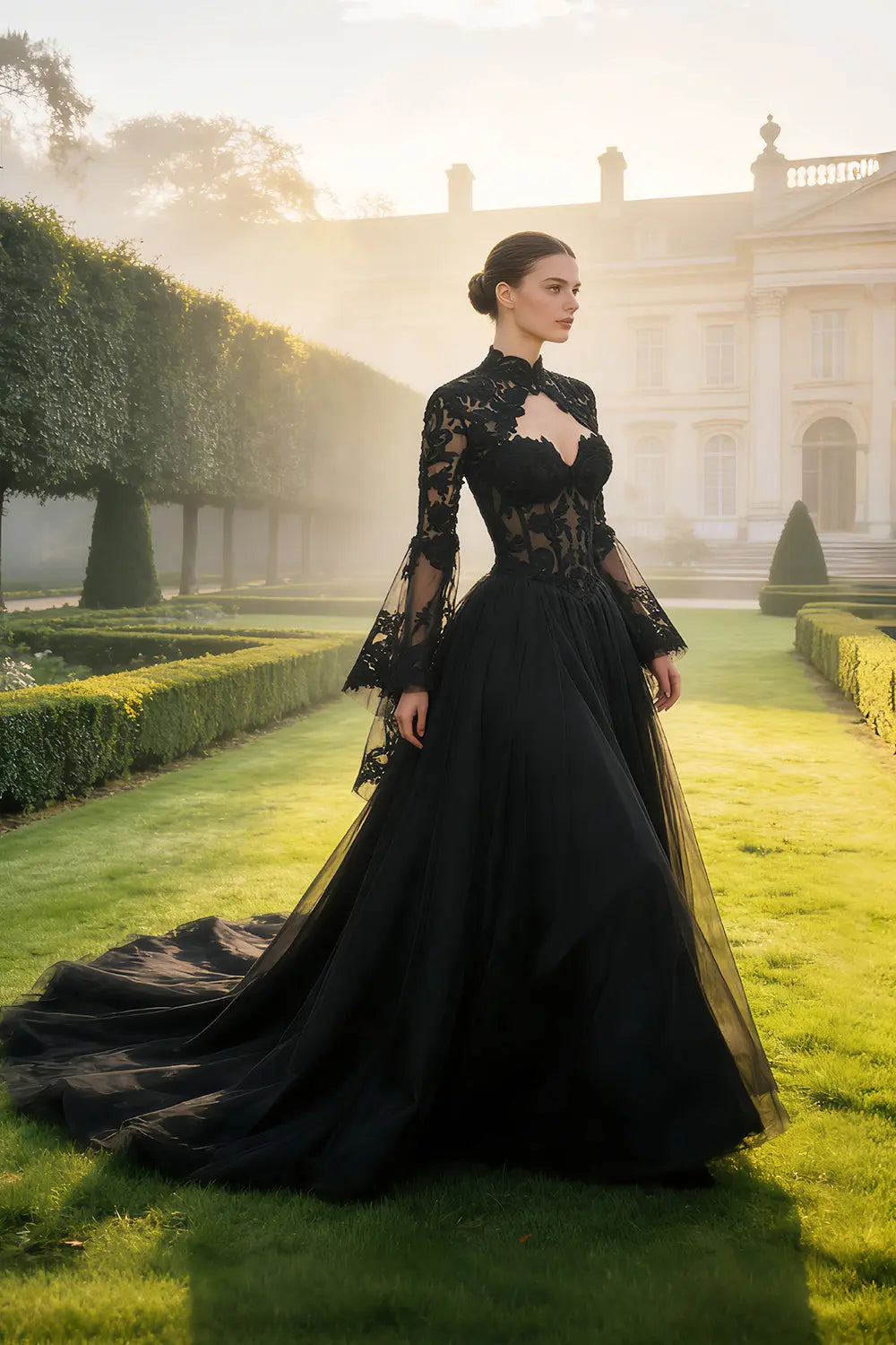 Black Gothic Lace A-Line Mandarin Collar Wedding Dress SW560 Sheer Fairy