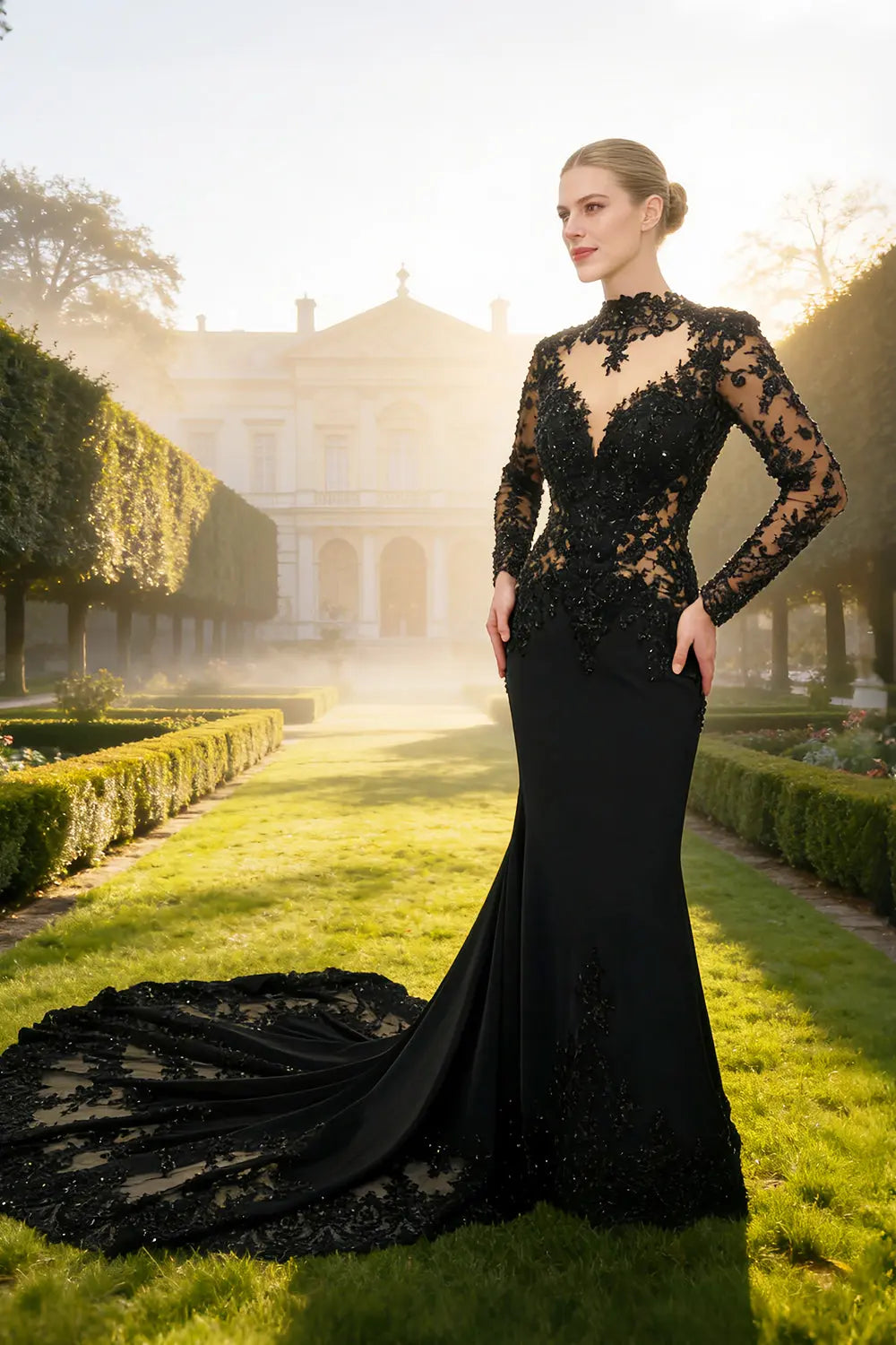 Black Gothic Beaded Lace Trumpet Wedding Dress with Long Sleeves SW555 Sheer Fairy