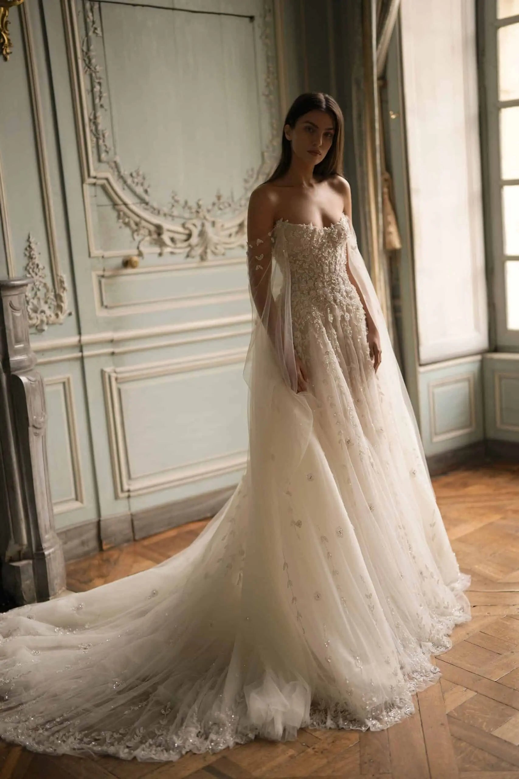 White Corset Tulle A Line Bridal Gown with Cathedral Train SW746 Sheer Fairy