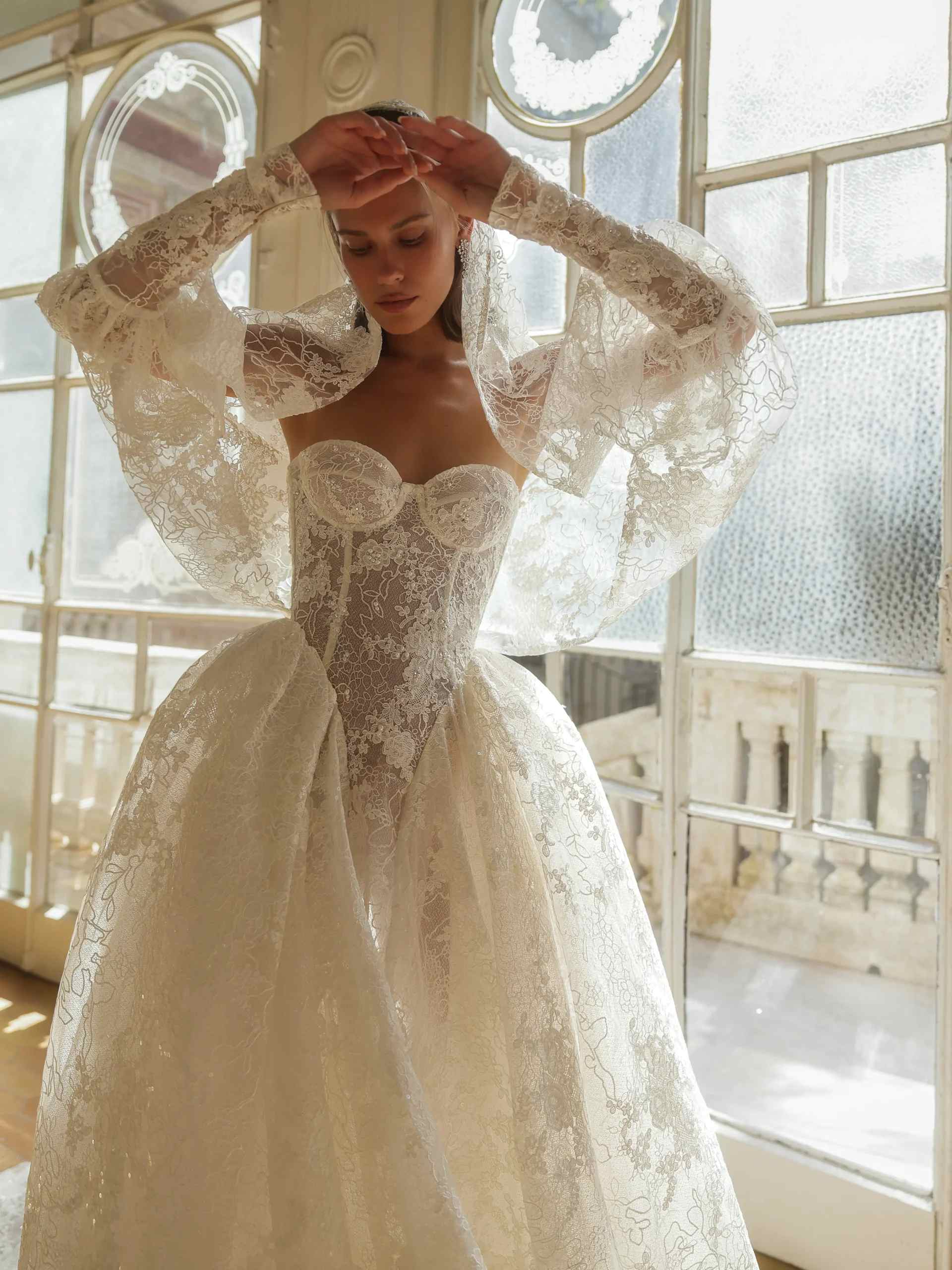 Long Puffed Sleeve Lace Ball Gown Wedding Dress SW184 Sheer Fairy